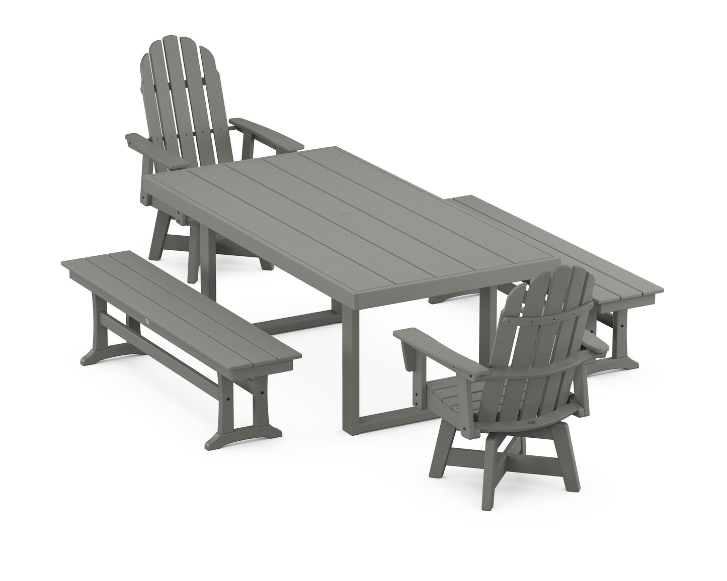 POLYWOOD Vineyard Curveback Adirondack Swivel Chair 5-Piece Dining Set with Benches — Slate Grey