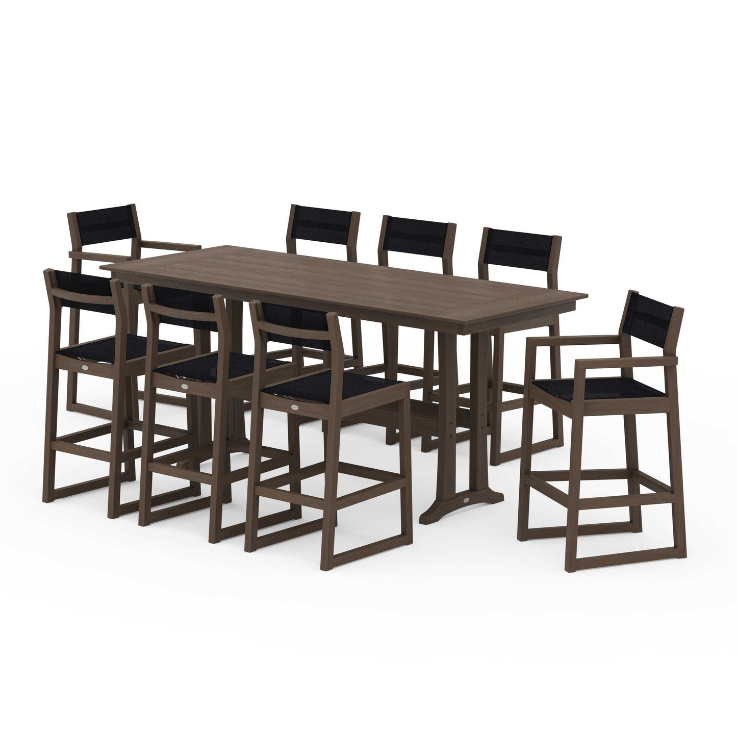 POLYWOOD EDGE Sling 9-Piece Farmhouse Bar Set with Trestle Legs — Kona / Black Sling
