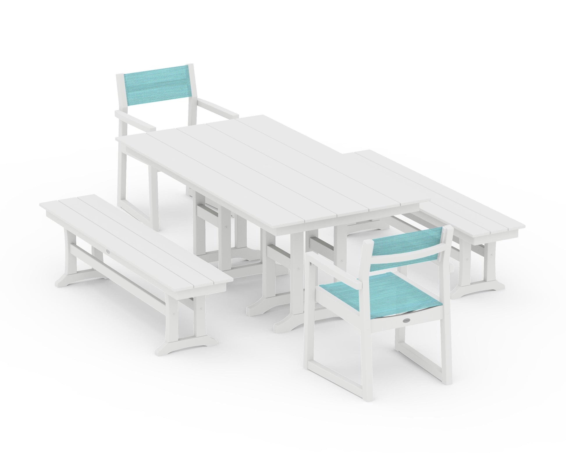 POLYWOOD EDGE Sling Arm Chair 5-Piece Farmhouse Dining Set with Benches — White / Dupioni Aquamarine Sling