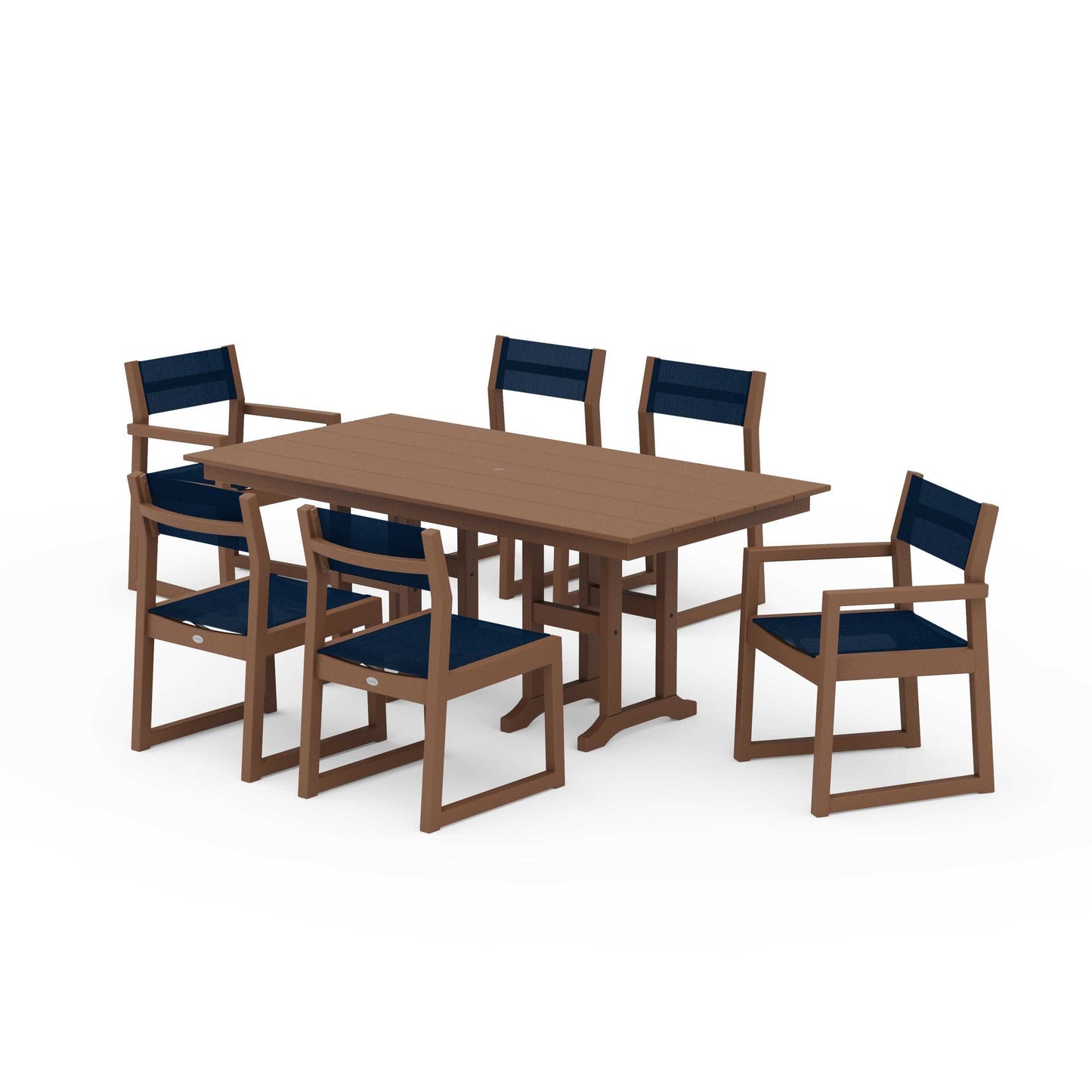 POLYWOOD EDGE Sling 7-Piece Farmhouse Dining Set — Teak / Navy Blue Sling
