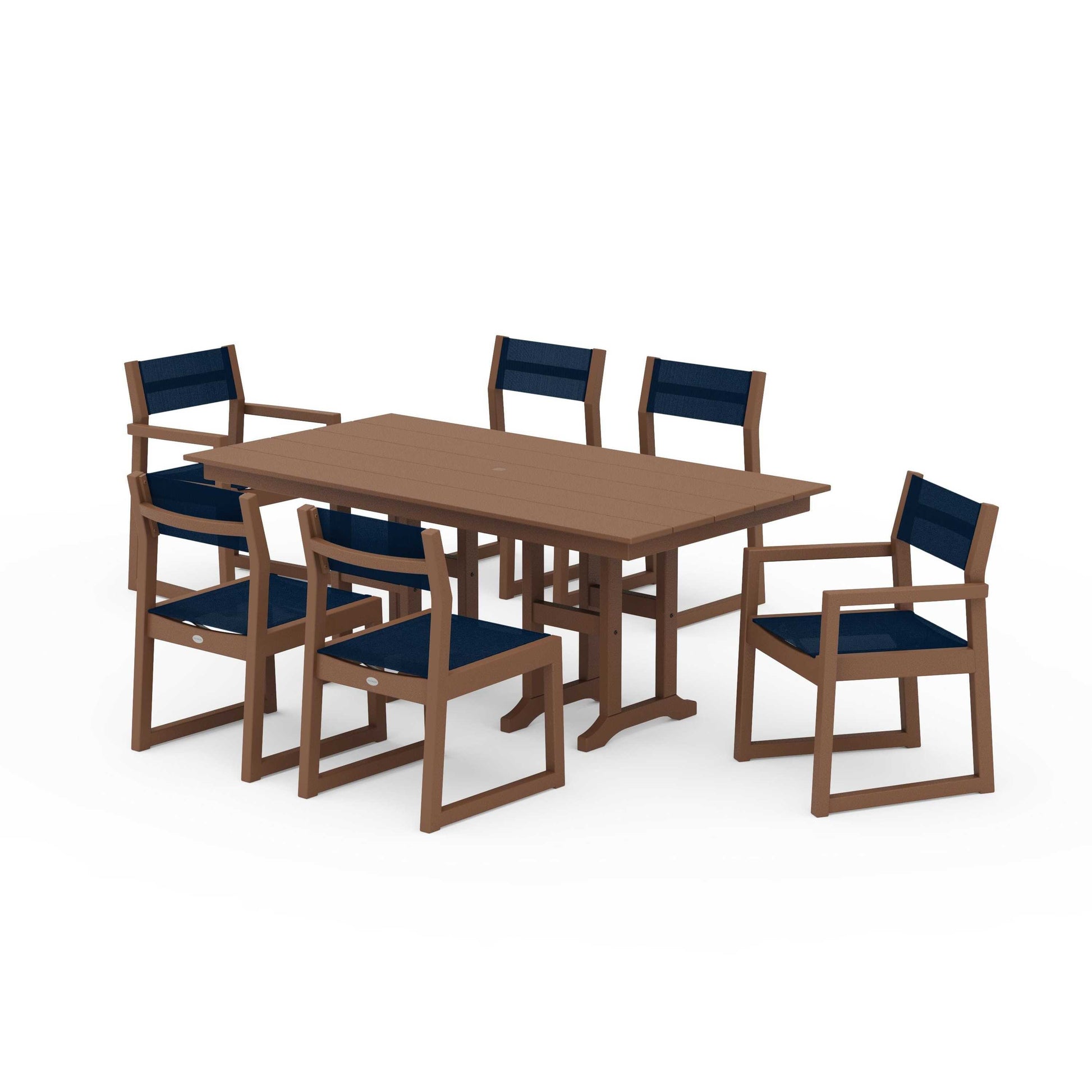 POLYWOOD EDGE Sling 7-Piece Farmhouse Dining Set — Teak / Navy Blue Sling