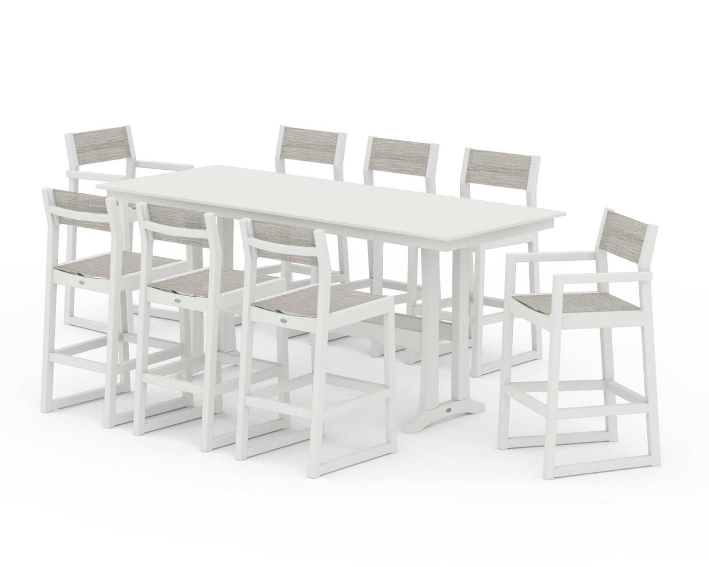 POLYWOOD EDGE Sling 9-Piece Farmhouse Bar Set with Trestle Legs — Vintage White / Birch Sling