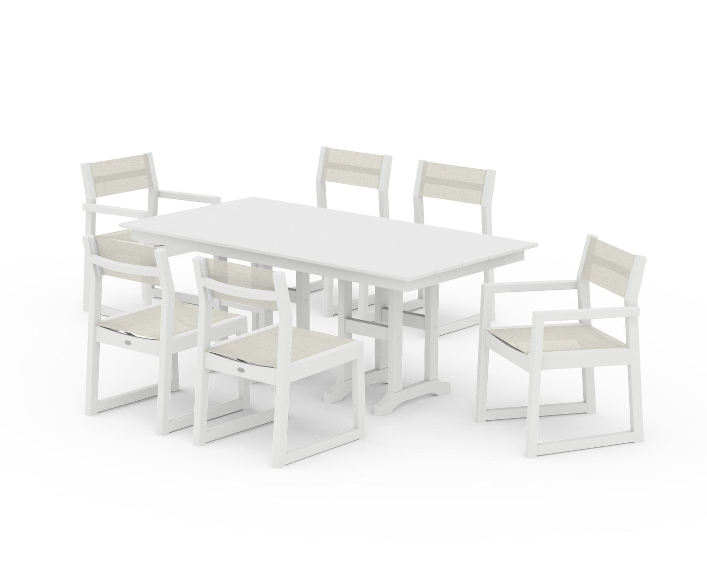 POLYWOOD EDGE Sling 7-Piece Farmhouse Dining Set — White / Parchment Sling