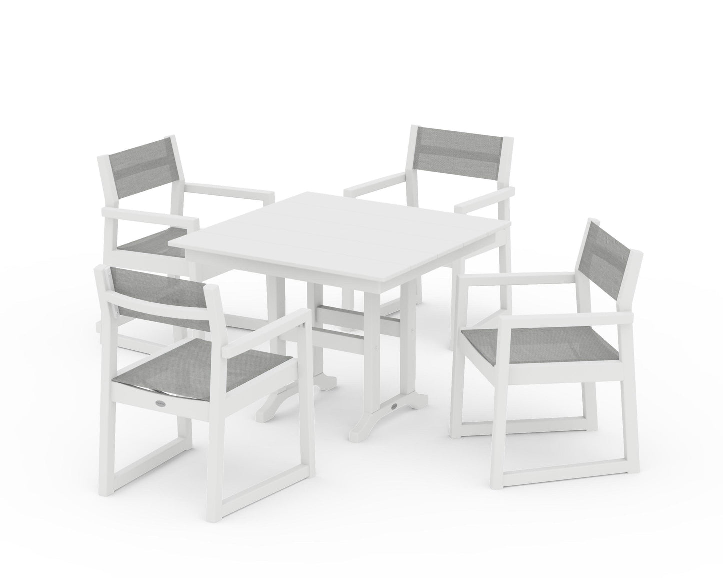 POLYWOOD EDGE Sling Arm Chair 5-Piece Farmhouse Dining Set — White / Metallic Sling