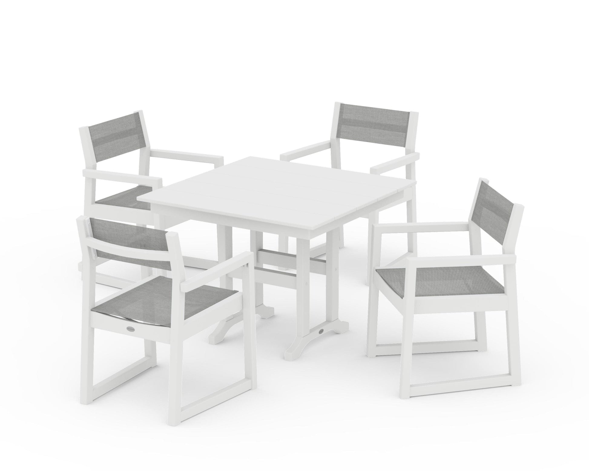 POLYWOOD EDGE Sling Arm Chair 5-Piece Farmhouse Dining Set — White / Metallic Sling