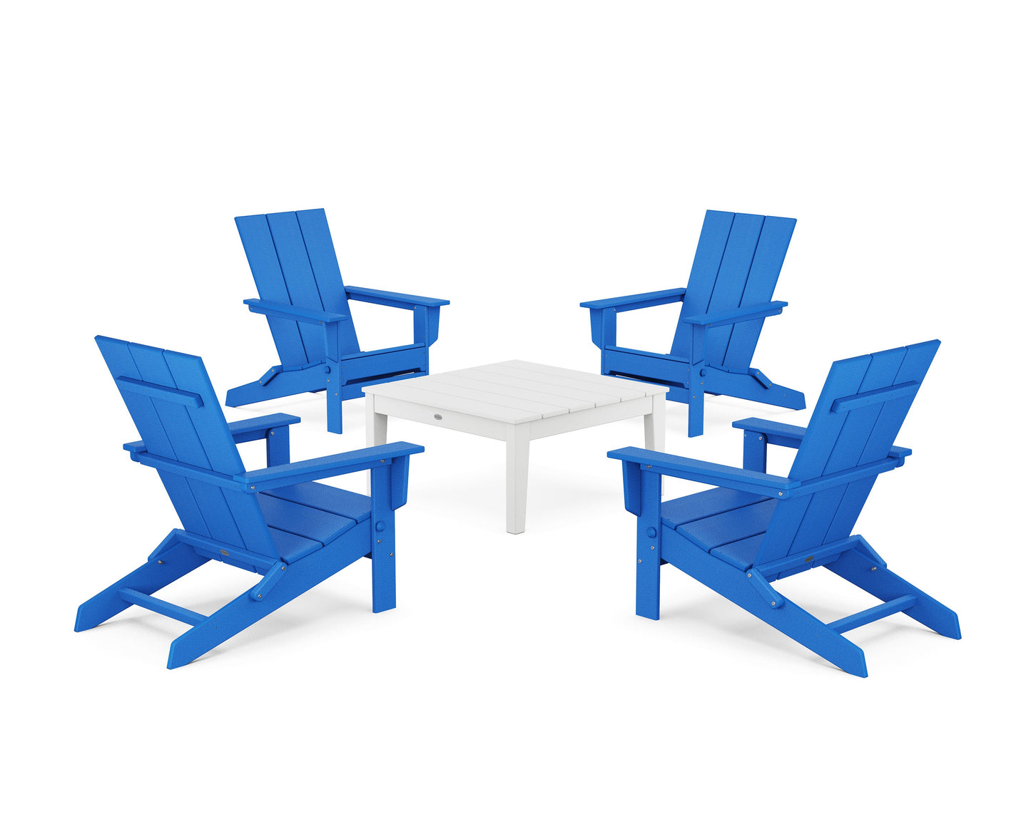 POLYWOOD 5-Piece Modern Studio Folding Adirondack Chair Conversation Group — Pacific Blue / White