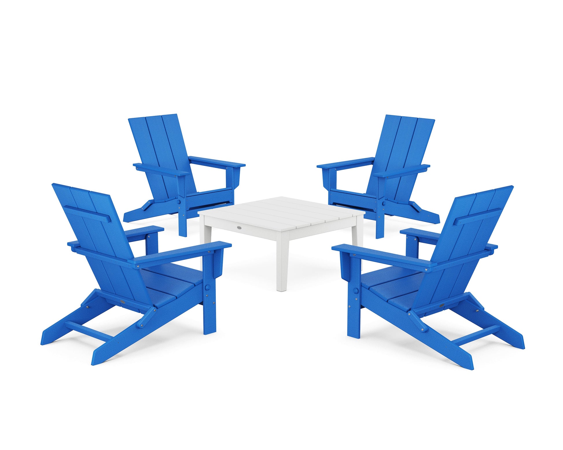 POLYWOOD 5-Piece Modern Studio Folding Adirondack Chair Conversation Group — Pacific Blue / White