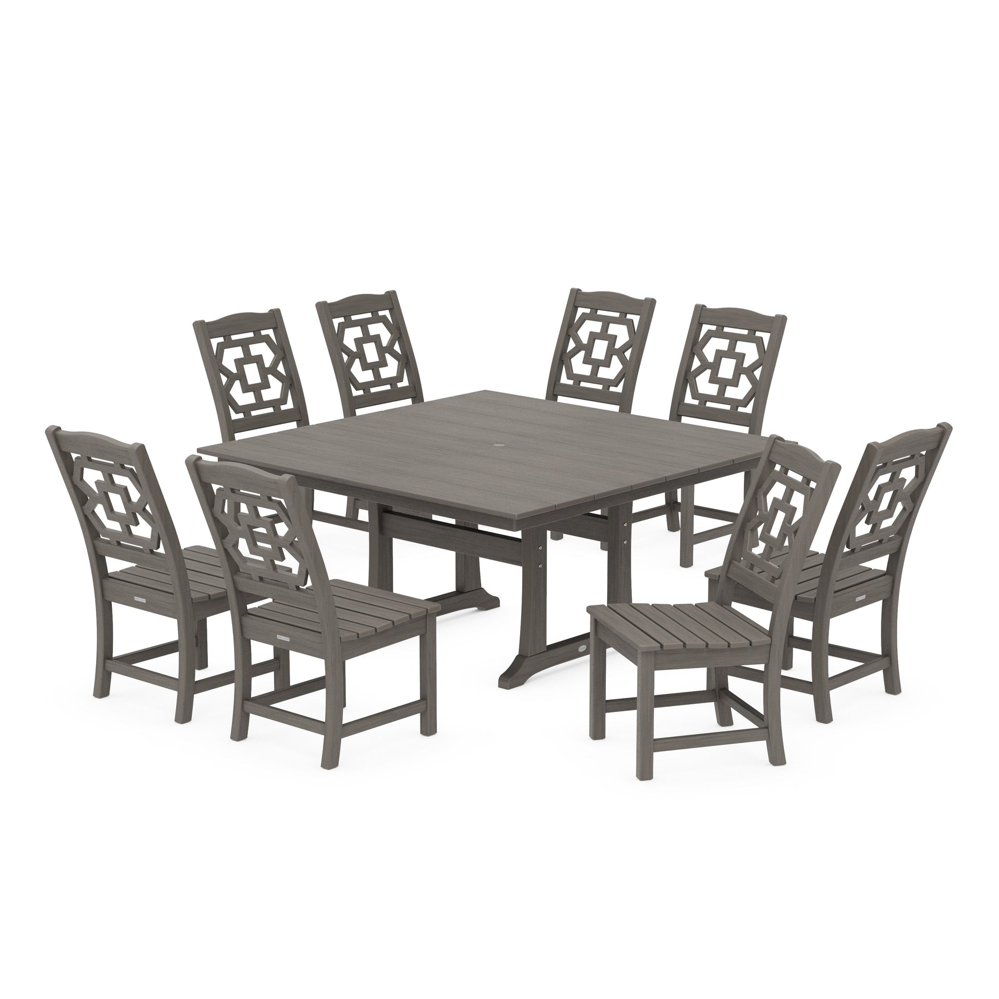 POLYWOOD Chinoiserie 9-Piece Square Farmhouse Side Chair Dining Set with Trestle Legs — Driftwood