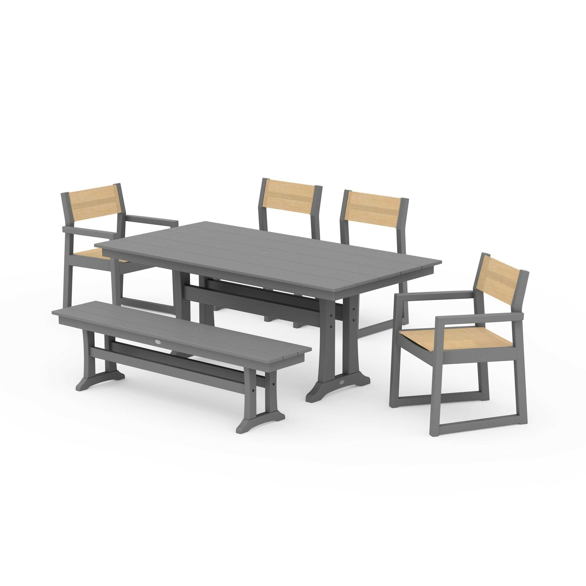POLYWOOD EDGE Sling 6-Piece Farmhouse Dining Set With Trestle Legs — Slate Grey / Dupioni Apricot Sling