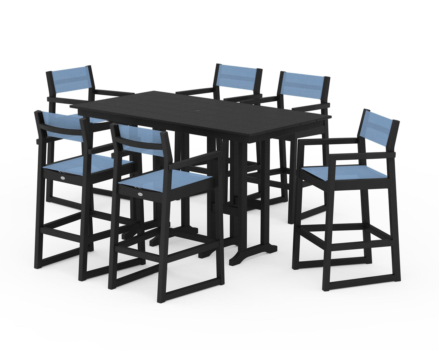 POLYWOOD EDGE Sling Arm Chair 7-Piece Farmhouse Bar Set — Black / Poolside Sling
