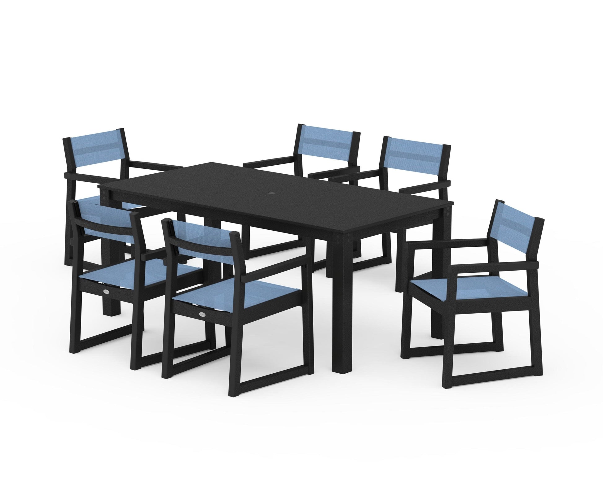 POLYWOOD EDGE Sling Arm Chair 7-Piece Parsons Dining Set — Black / Poolside Sling