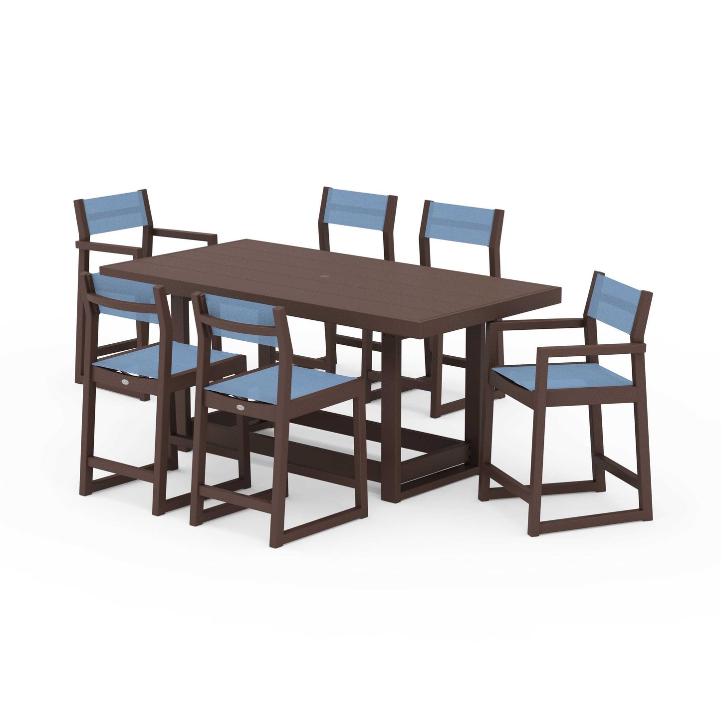POLYWOOD EDGE Sling 7-Piece Counter Table Set — Mahogany / Poolside Sling