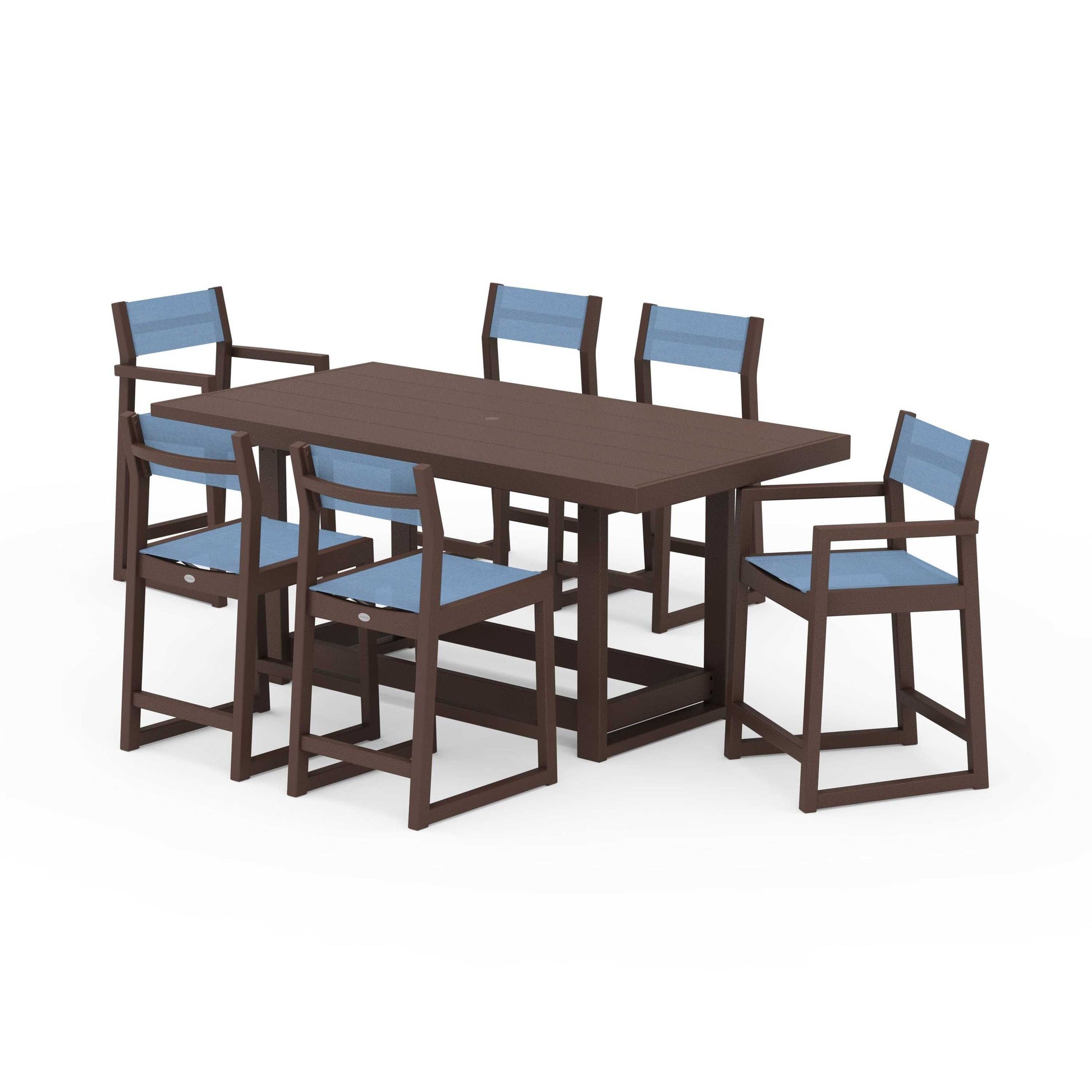 POLYWOOD EDGE Sling 7-Piece Counter Table Set — Mahogany / Poolside Sling