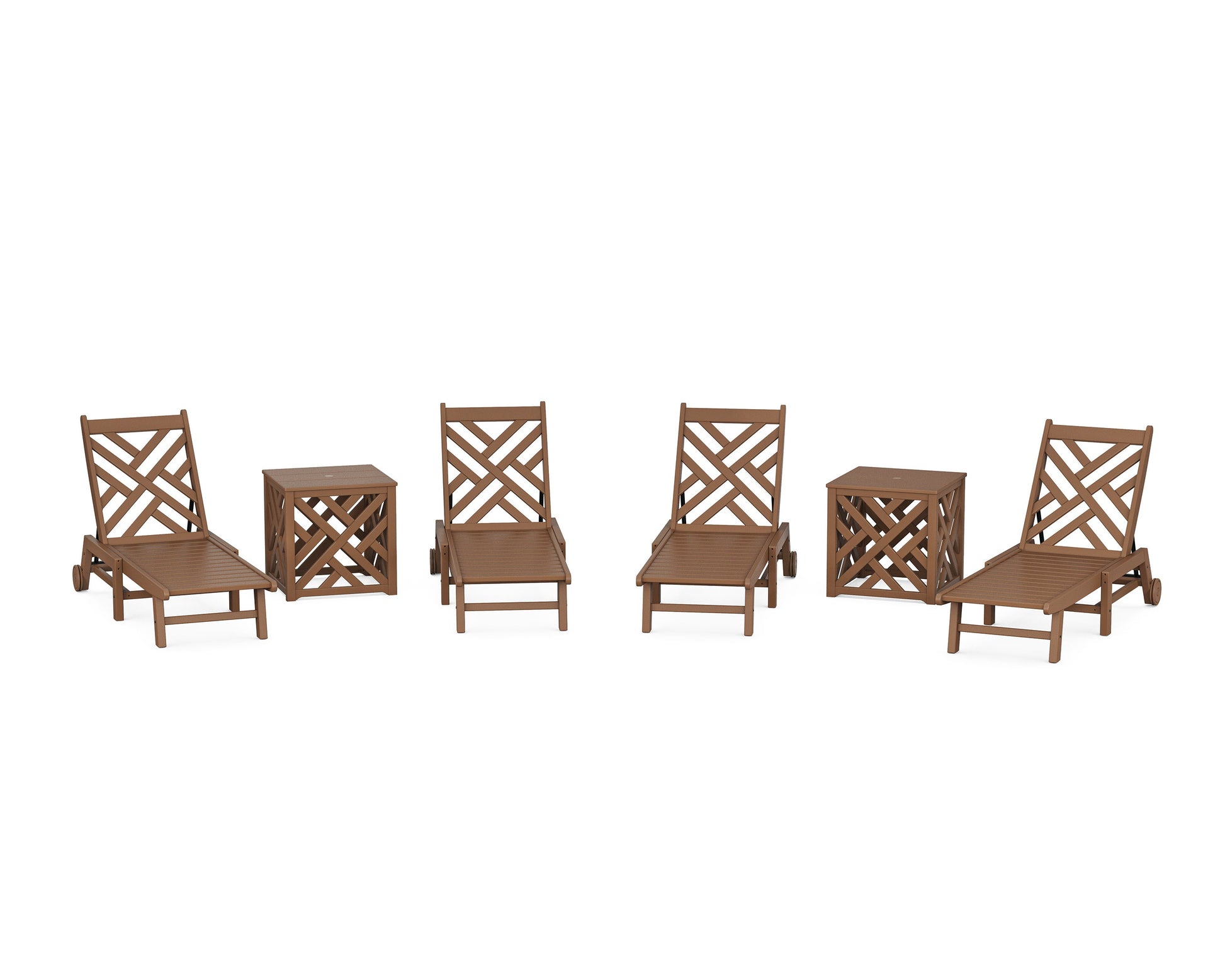 POLYWOOD Chippendale 6-Piece Chaise Set with Wheels and Umbrella Stand Accent Table — Teak