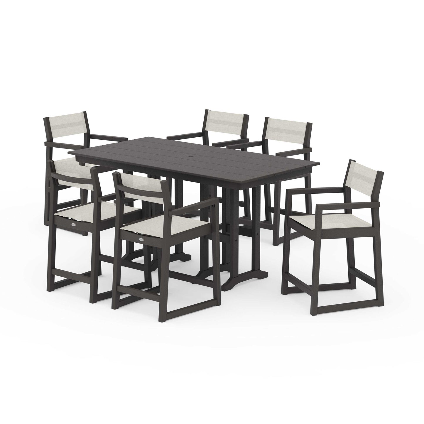 POLYWOOD EDGE Sling Arm Chair 7-Piece Farmhouse Counter Set — Vintage Coffee / Parchment Sling