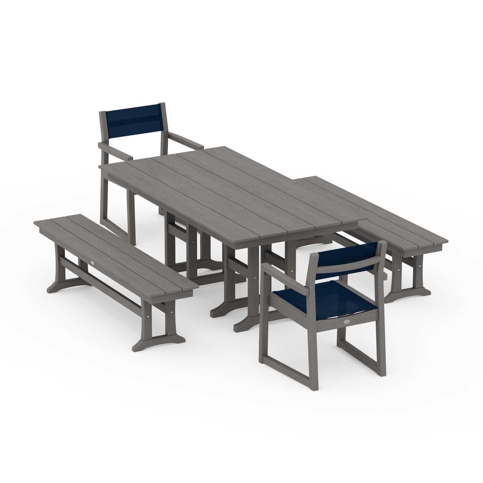 POLYWOOD EDGE Sling Arm Chair 5-Piece Farmhouse Dining Set with Benches — Driftwood / Navy Blue Sling