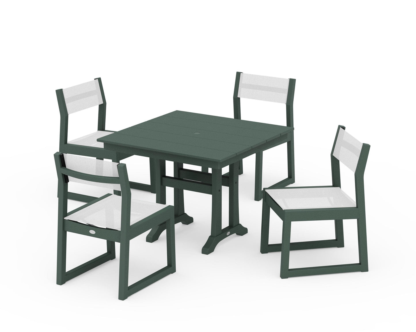 POLYWOOD EDGE Sling 5-Piece Farmhouse Trestle Side Chair Dining Set — Green / White Sling