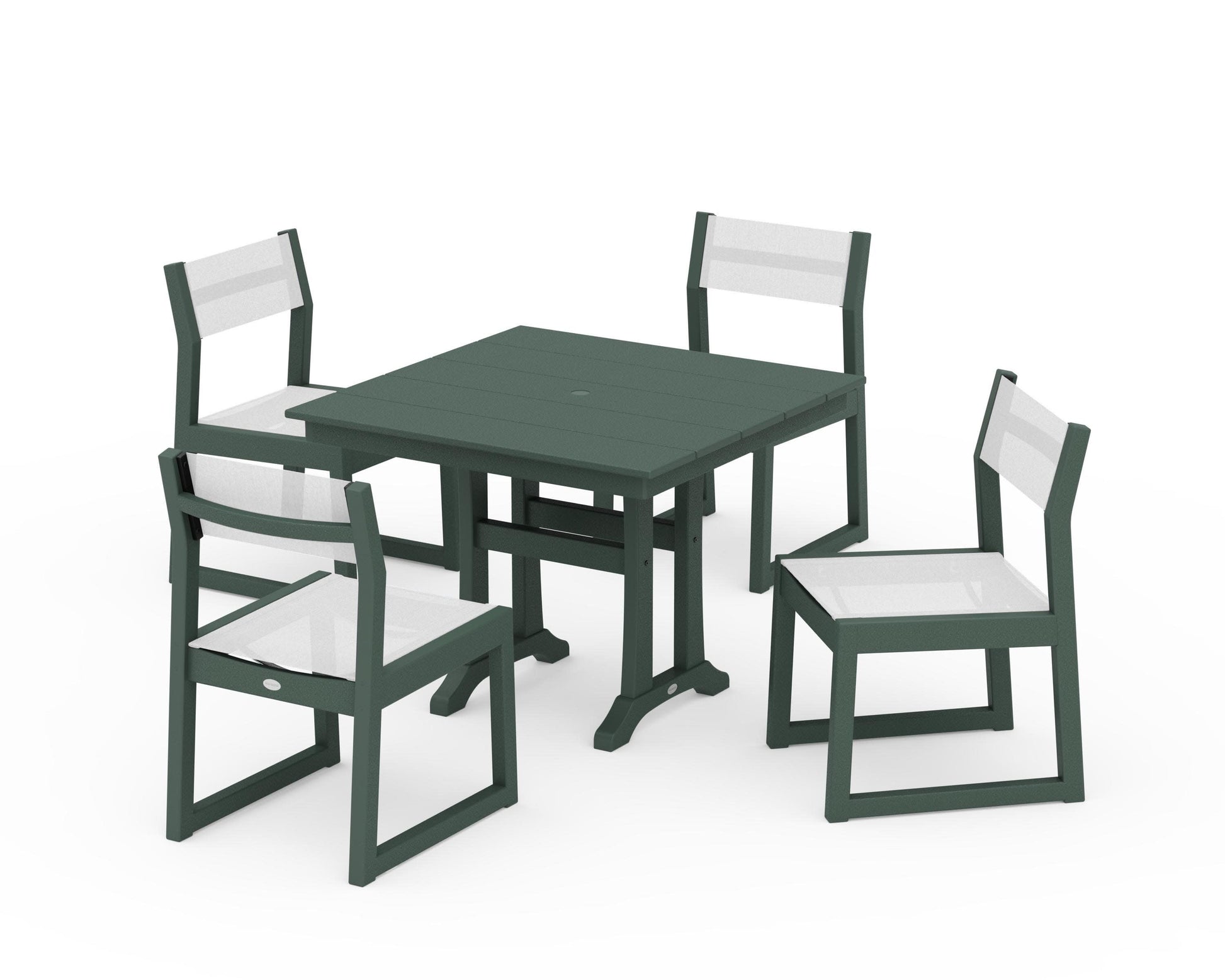 POLYWOOD EDGE Sling 5-Piece Farmhouse Trestle Side Chair Dining Set — Green / White Sling