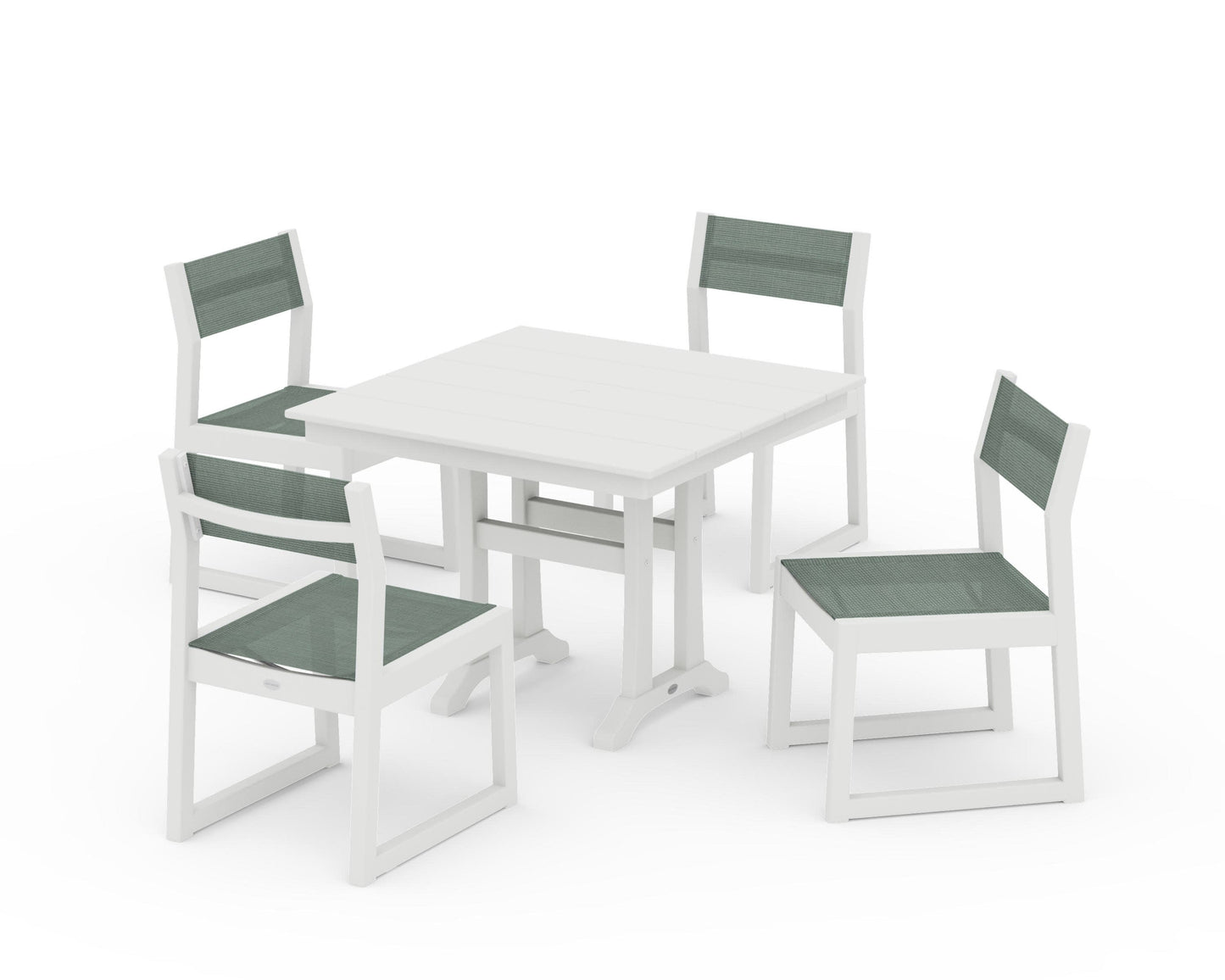 POLYWOOD EDGE Sling 5-Piece Farmhouse Trestle Side Chair Dining Set — Vintage White / Dupioni Sea Mist Sling