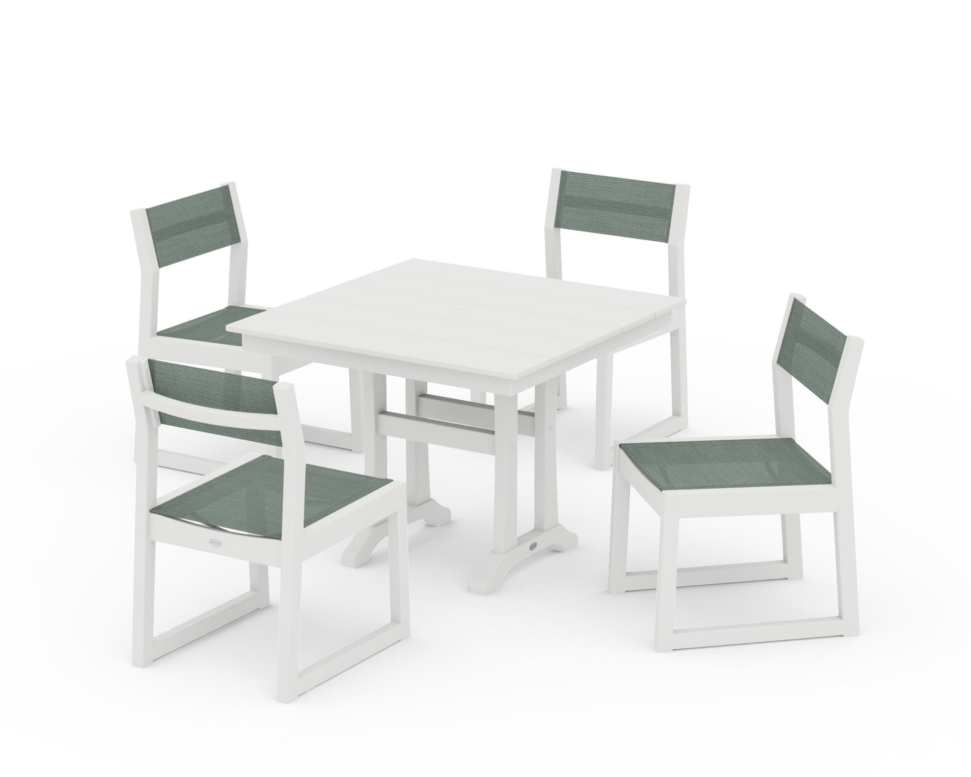 POLYWOOD EDGE Sling 5-Piece Farmhouse Trestle Side Chair Dining Set — Vintage White / Dupioni Sea Mist Sling