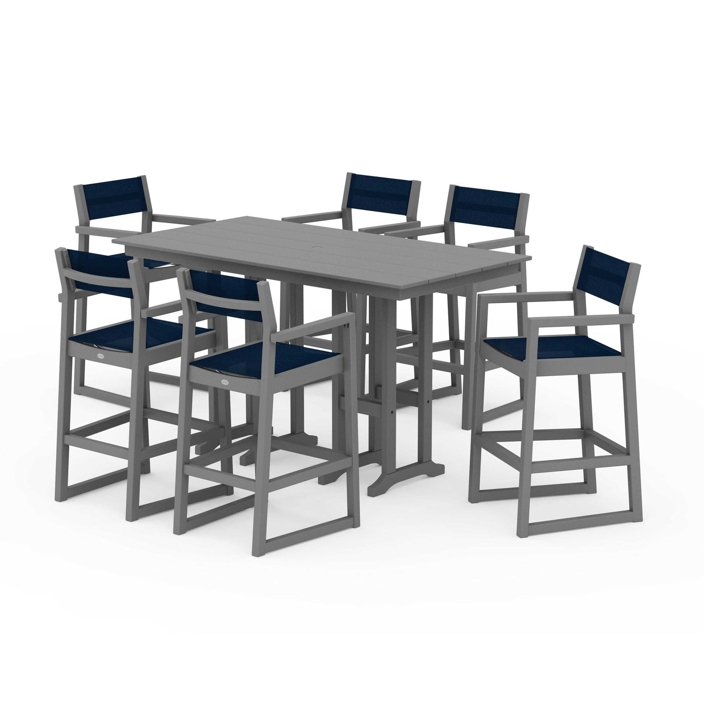 POLYWOOD EDGE Sling Arm Chair 7-Piece Farmhouse Bar Set — Slate Grey / Navy Blue Sling