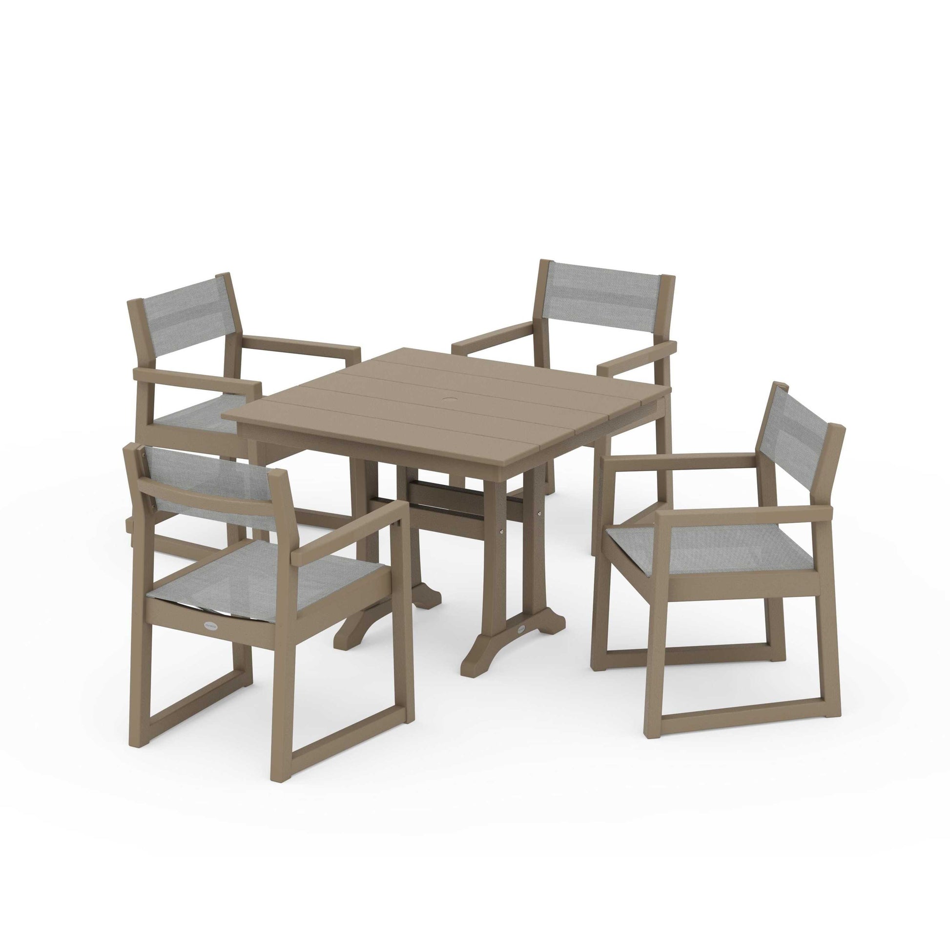 POLYWOOD EDGE Sling 5-Piece Farmhouse Dining Set with Trestle Legs — Vintage Sahara / Metallic Sling