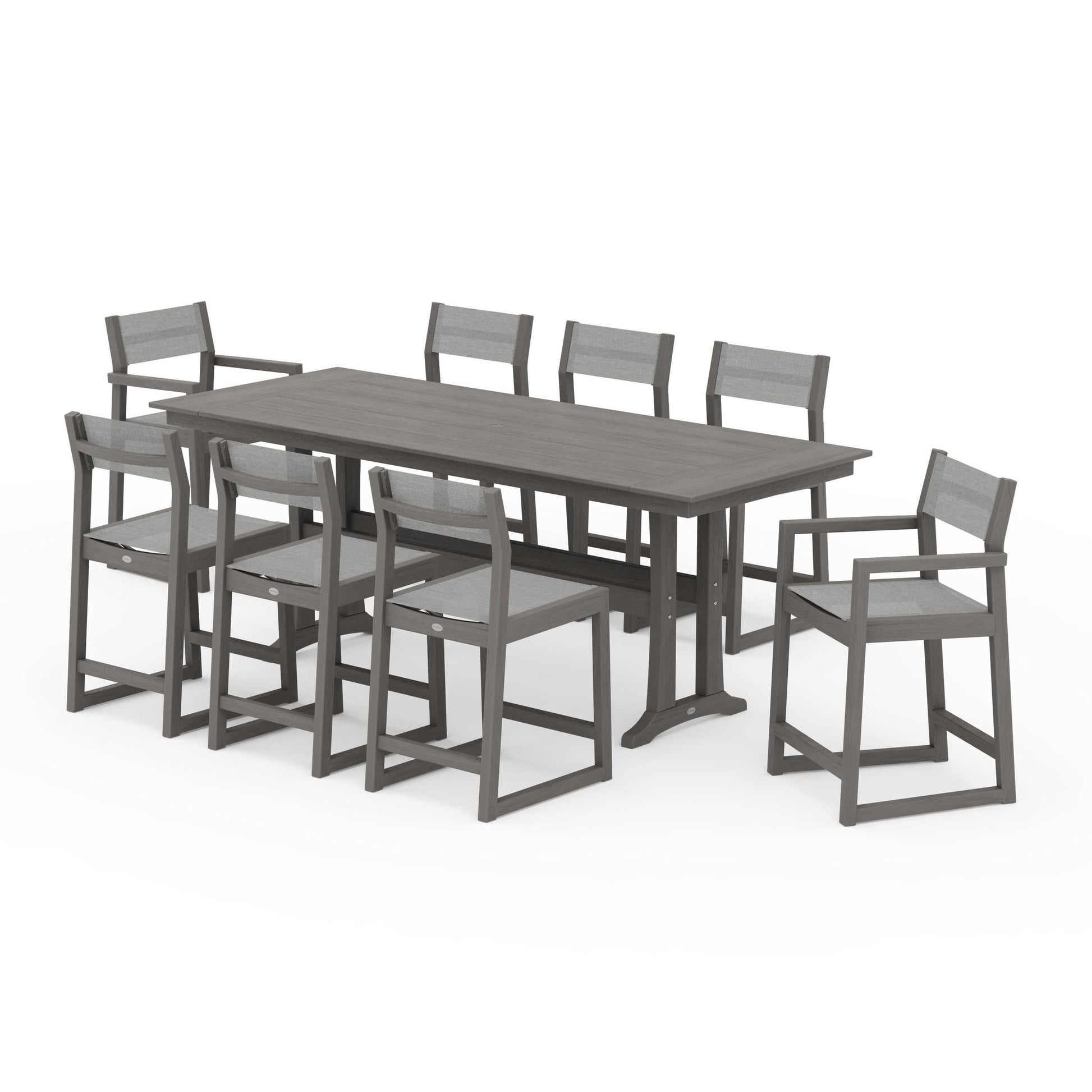 POLYWOOD EDGE Sling 9-Piece Farmhouse Counter Set with Trestle Legs — Driftwood / Metallic Sling