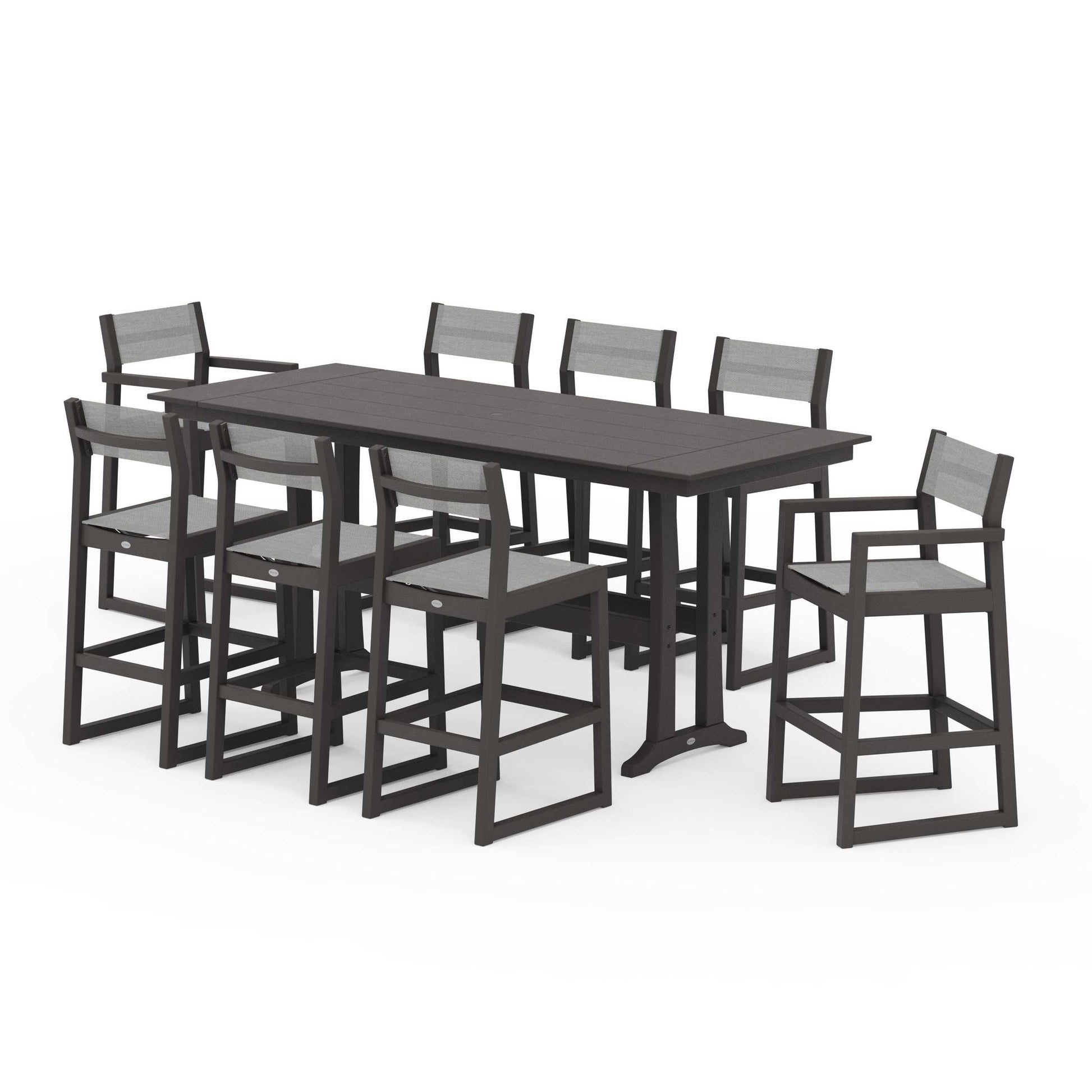 POLYWOOD EDGE Sling 9-Piece Farmhouse Bar Set with Trestle Legs — Vintage Coffee / Metallic Sling