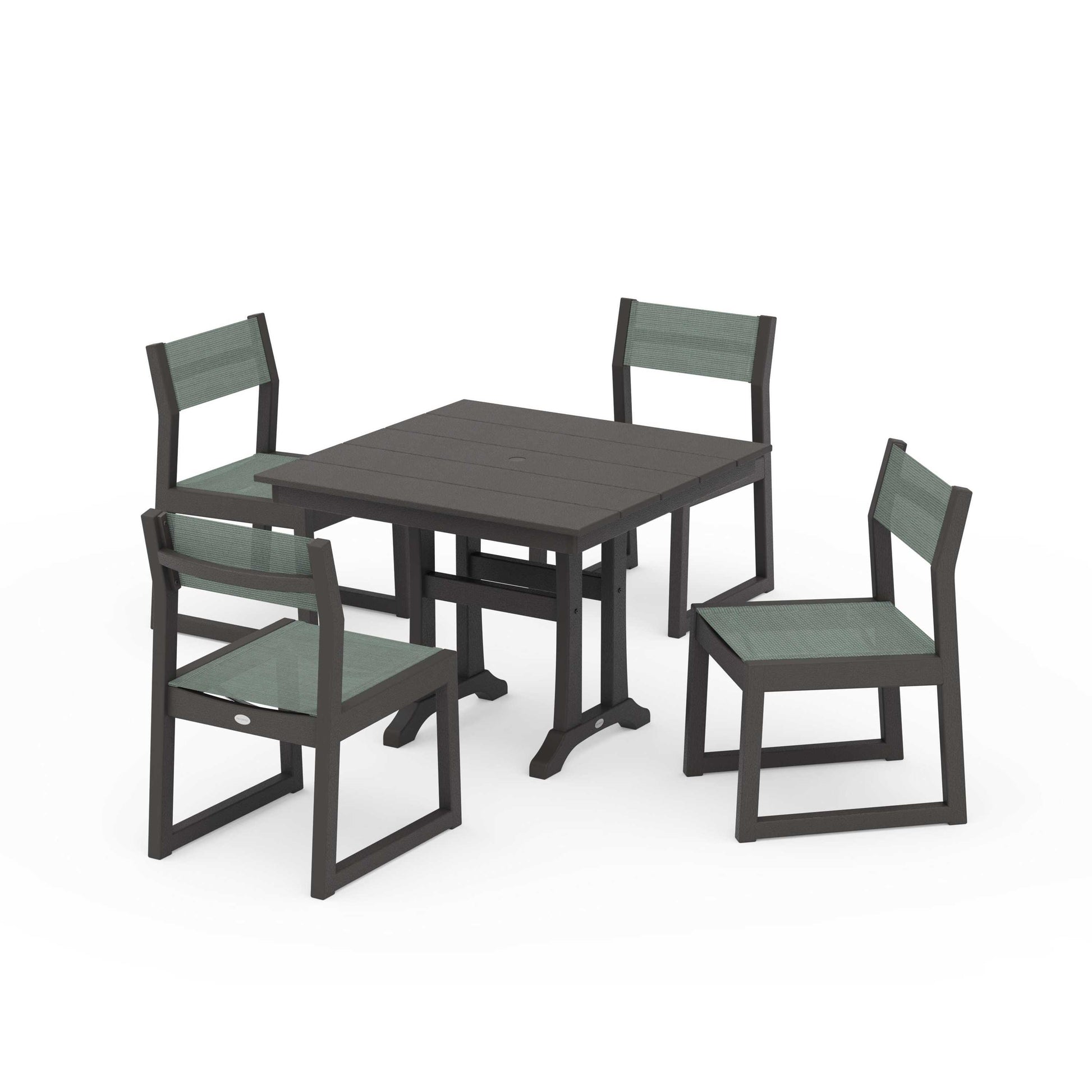POLYWOOD EDGE Sling 5-Piece Farmhouse Trestle Side Chair Dining Set — Vintage Coffee / Dupioni Sea Mist Sling