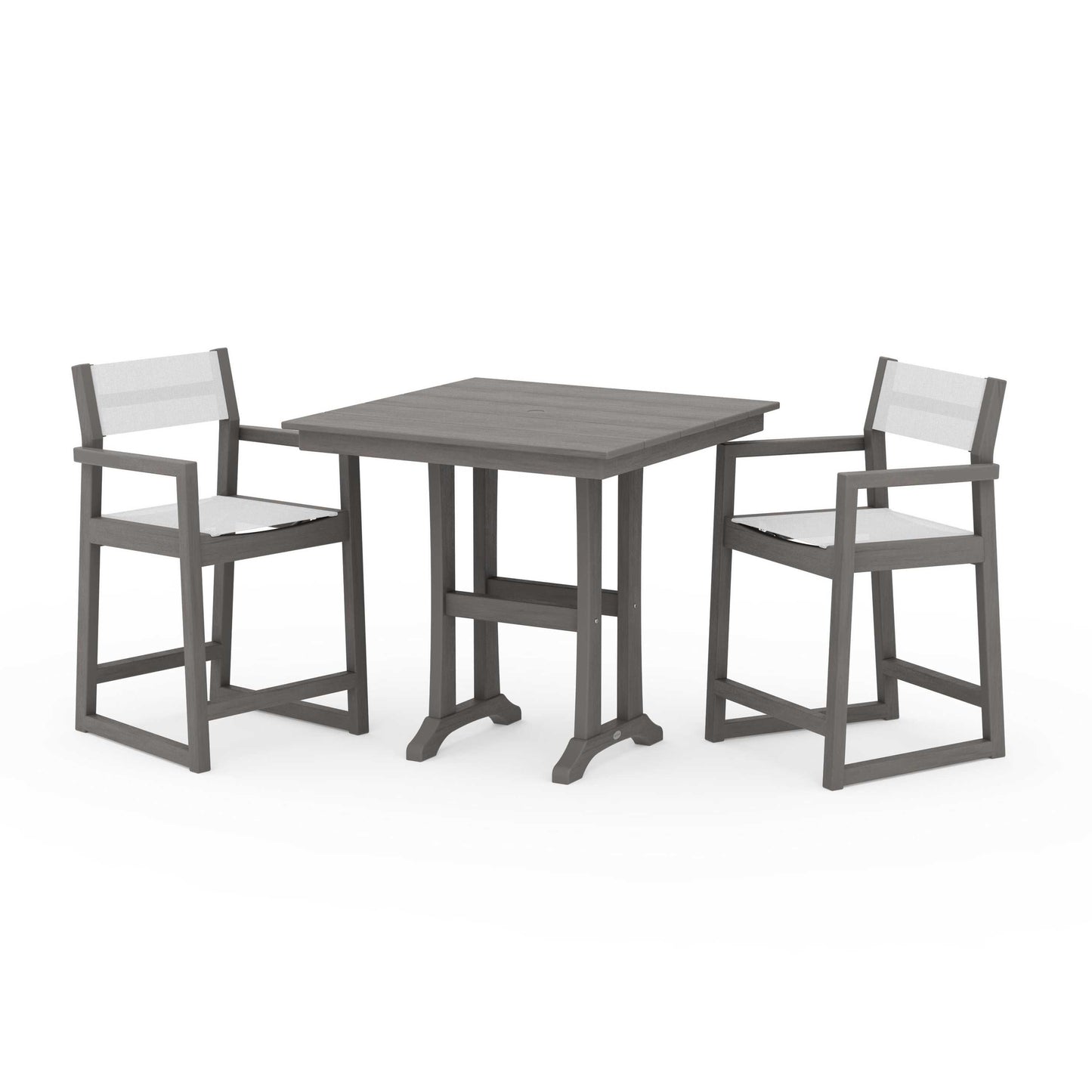 POLYWOOD EDGE Sling Arm Chair 3-Piece Farmhouse Counter Set with Trestle Legs — Driftwood / White Sling