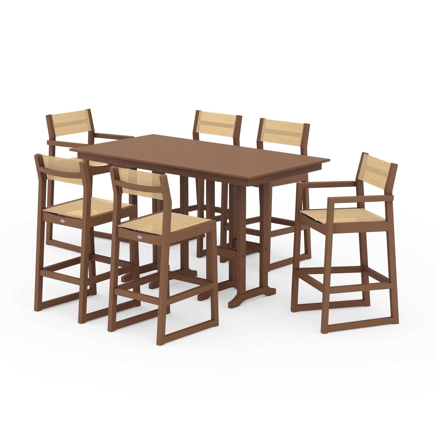POLYWOOD EDGE Sling 7-Piece Farmhouse Bar Set — Teak / Dupioni Apricot Sling