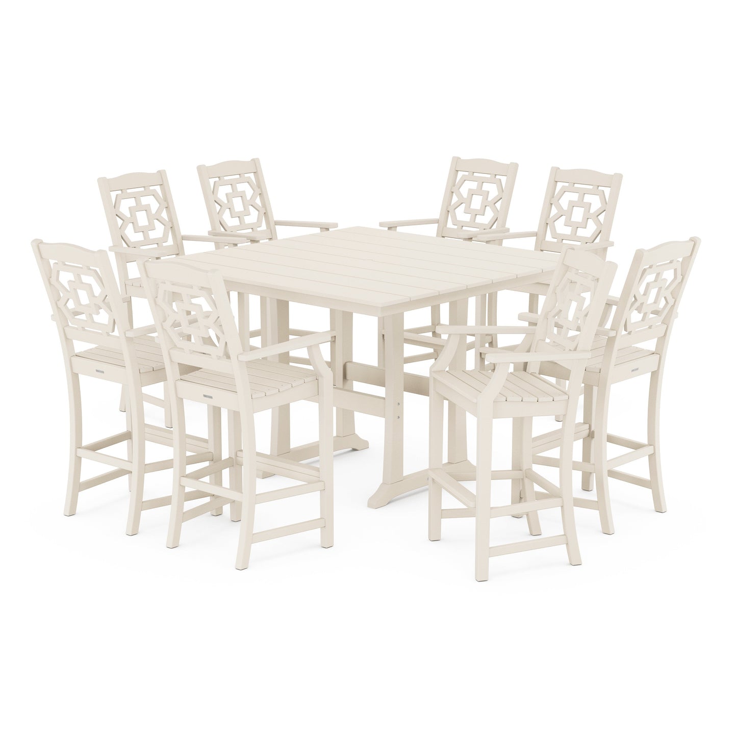POLYWOOD Chinoiserie 9-Piece Square Farmhouse Bar Set with Trestle Legs — Sand