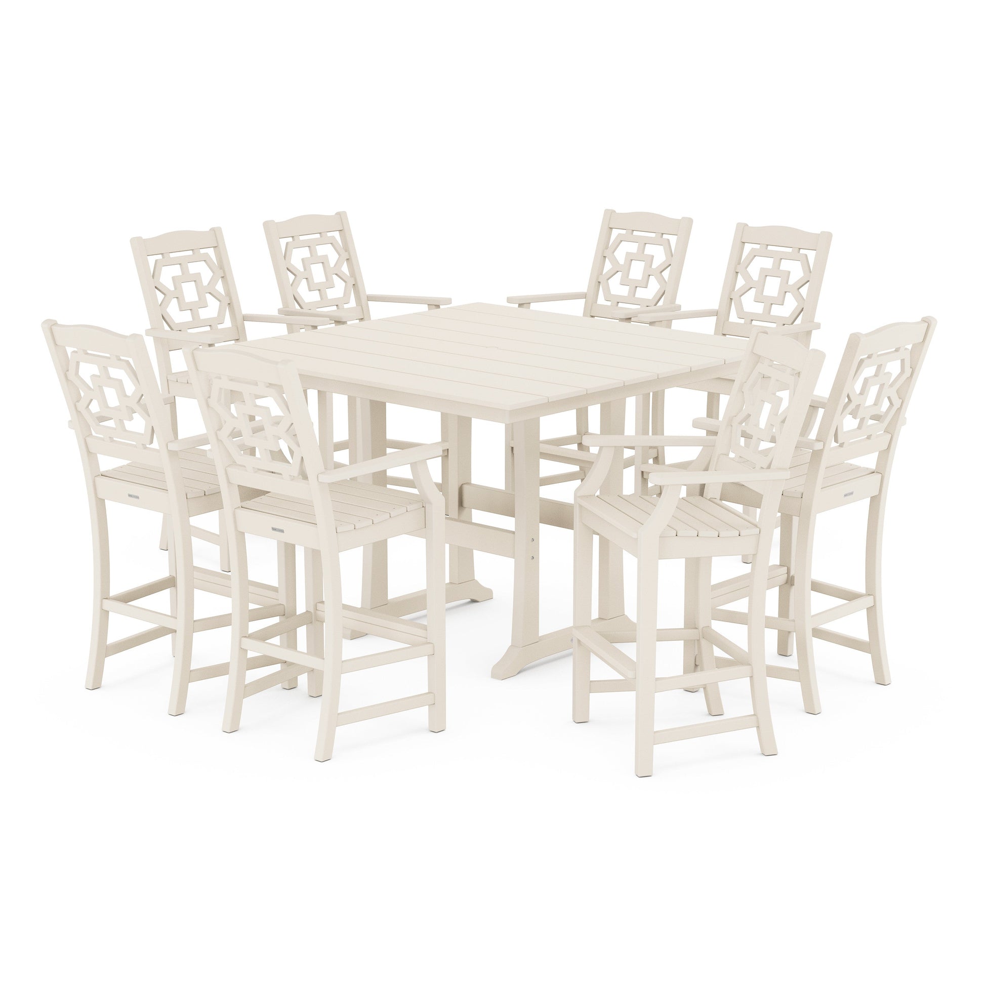 POLYWOOD Chinoiserie 9-Piece Square Farmhouse Bar Set with Trestle Legs — Sand