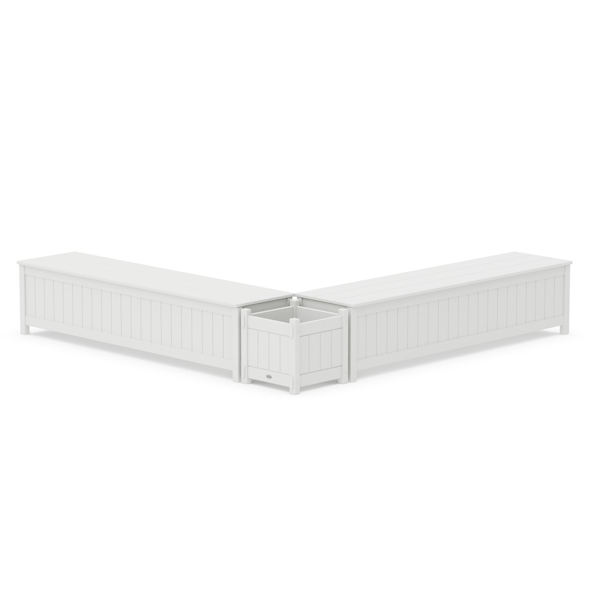 POLYWOOD 72" Vineyard L- Shaped Planter Storage Bench Set — White
