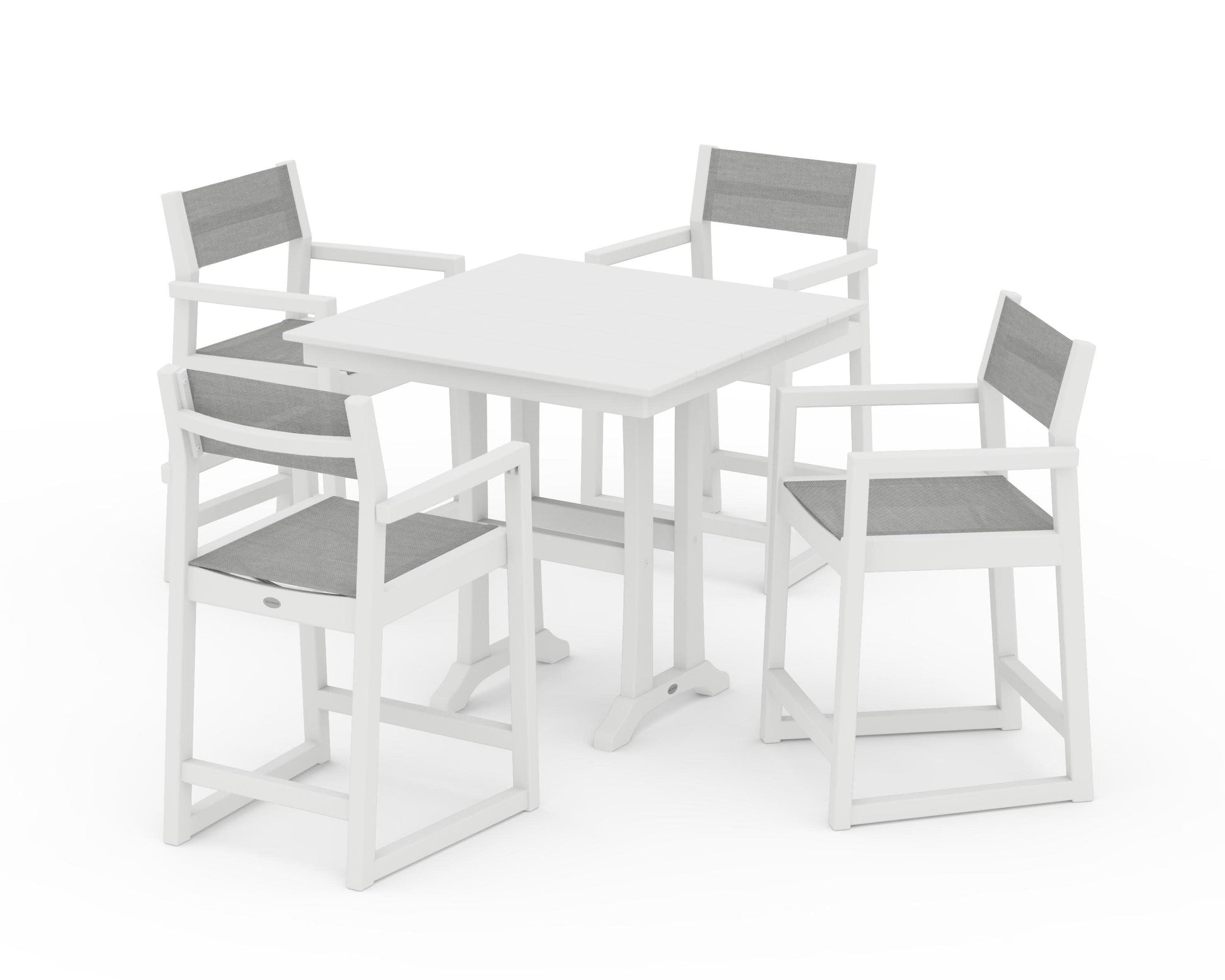 POLYWOOD EDGE Sling Arm Chair 5-Piece Farmhouse Counter Set with Trestle Legs — White / Metallic Sling