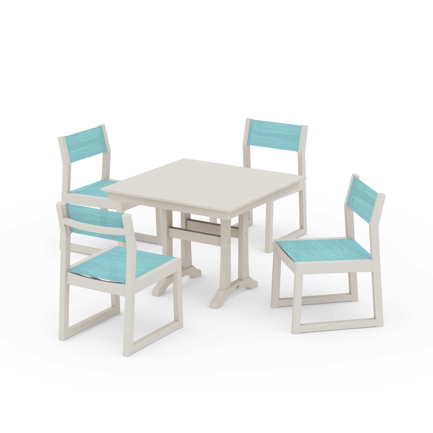 POLYWOOD EDGE Sling 5-Piece Farmhouse Trestle Side Chair Dining Set — Sand / Dupioni Aquamarine Sling