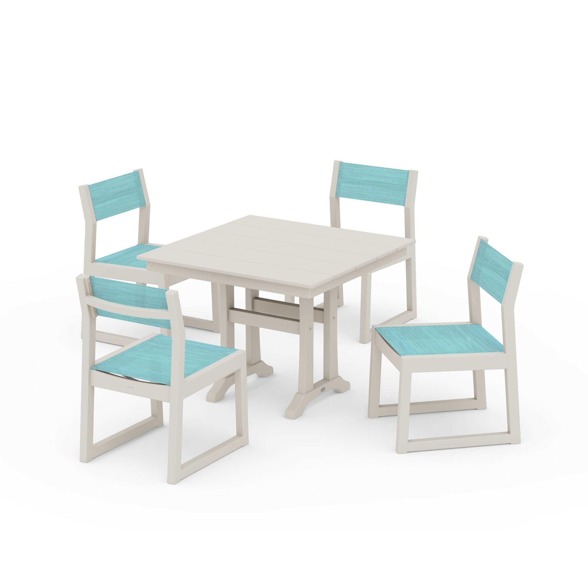 POLYWOOD EDGE Sling 5-Piece Farmhouse Trestle Side Chair Dining Set — Sand / Dupioni Aquamarine Sling