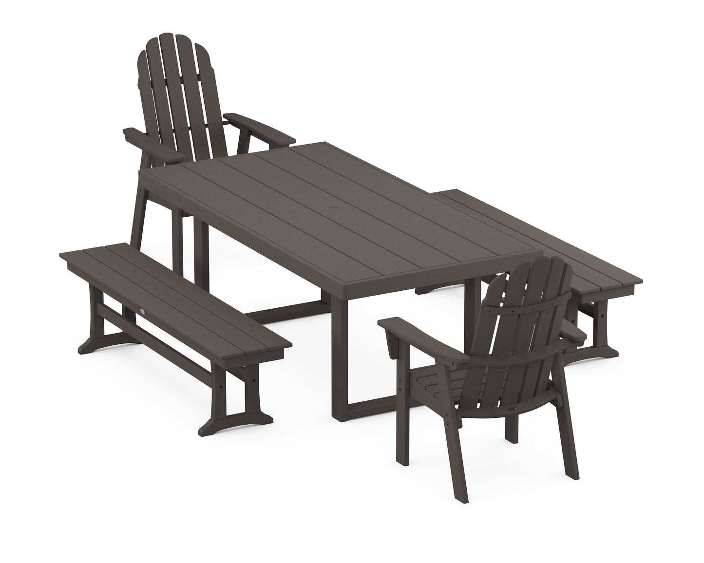 POLYWOOD Vineyard Adirondack 5-Piece Dining Set with Benches — Vintage Coffee