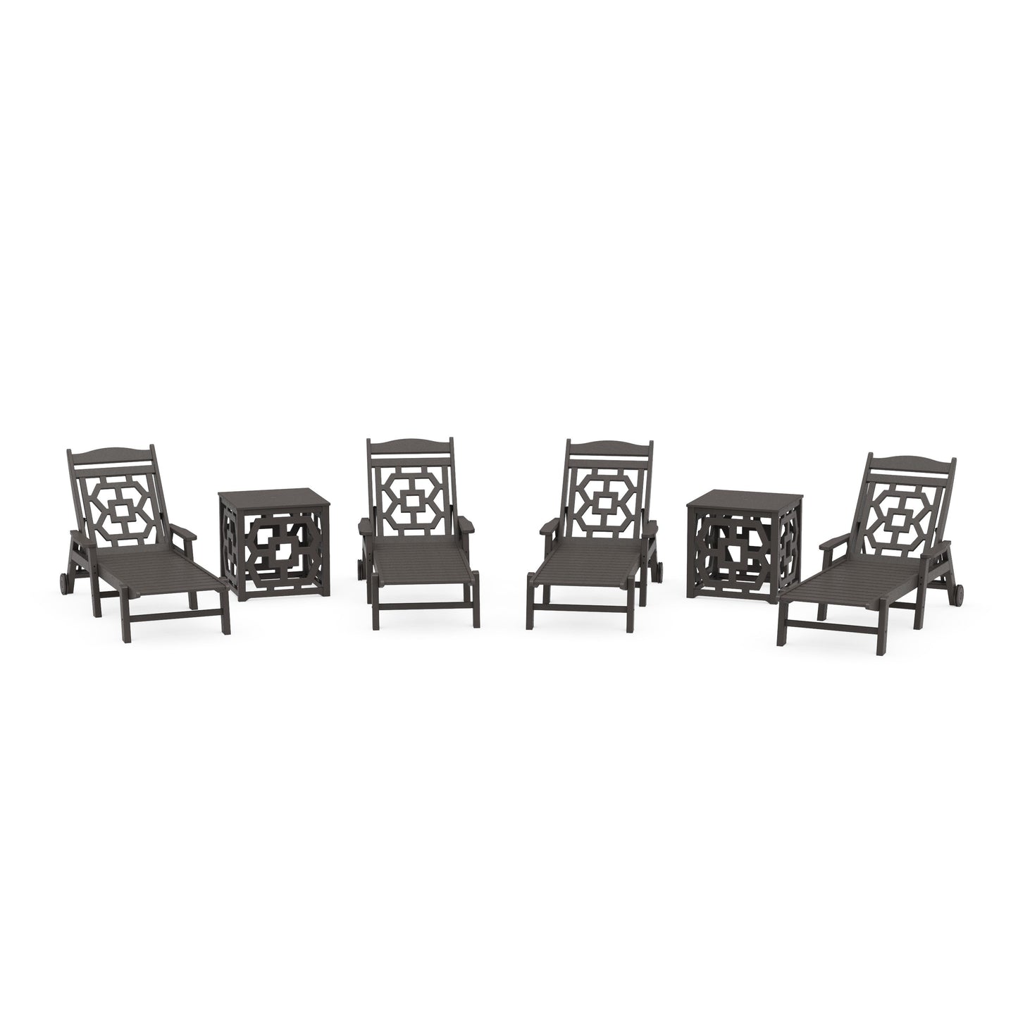 POLYWOOD Chinoiserie 6-Piece Chaise Set with Umbrella Stand Accent Table — Vintage Coffee