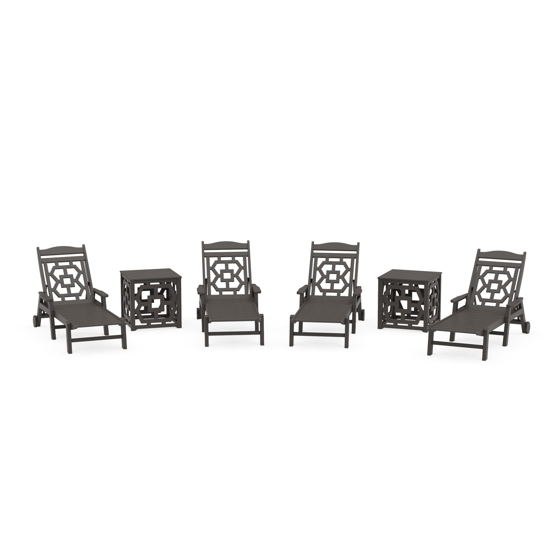 POLYWOOD Chinoiserie 6-Piece Chaise Set with Umbrella Stand Accent Table — Vintage Coffee