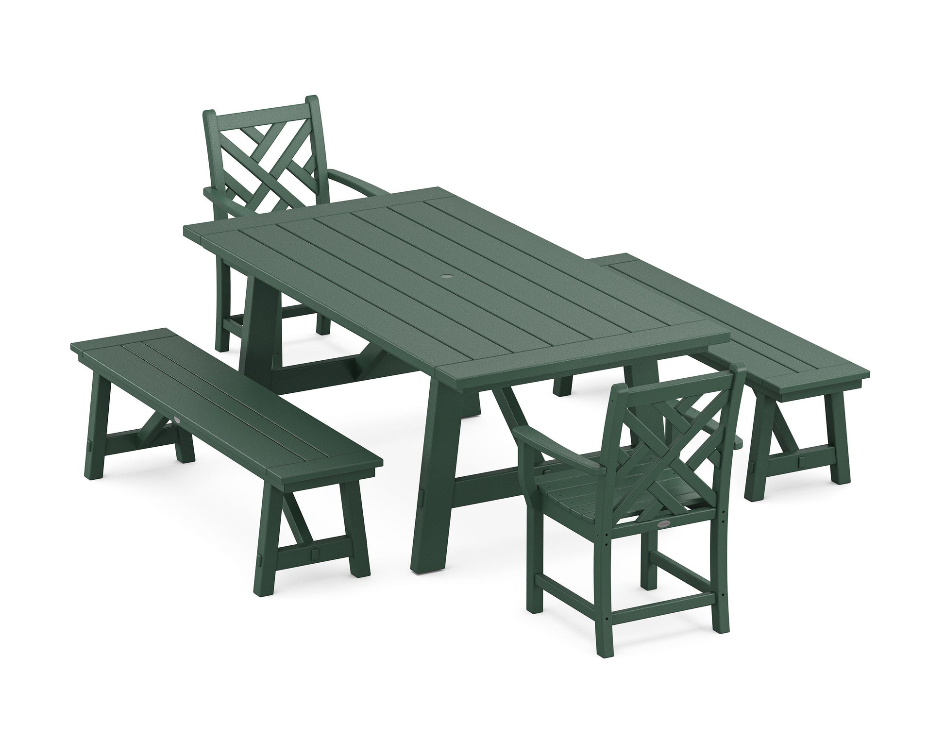POLYWOOD Chippendale 5-Piece Rustic Farmhouse Dining Set With Benches — Green