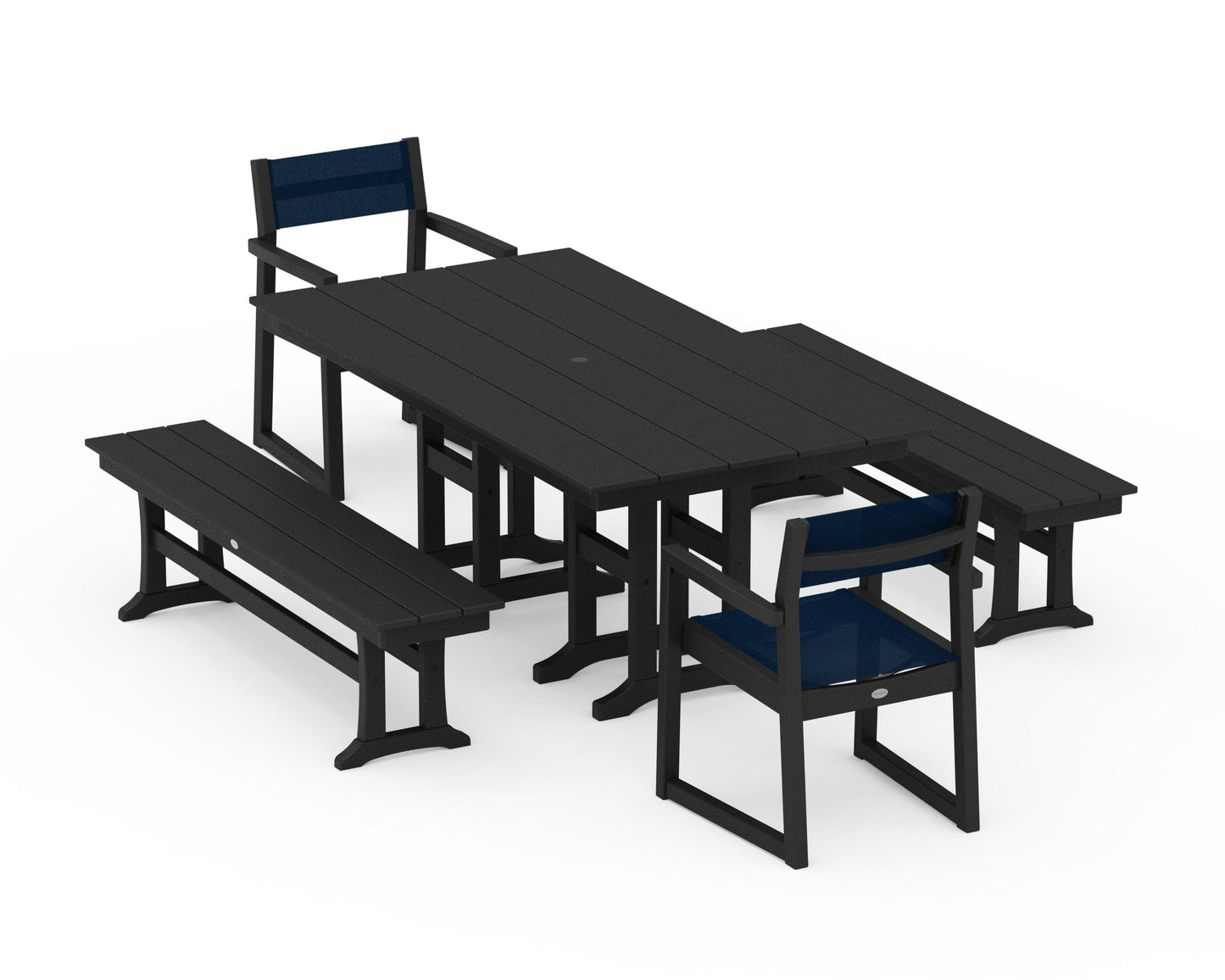 POLYWOOD EDGE Sling Arm Chair 5-Piece Farmhouse Dining Set with Benches — Black / Navy Blue Sling