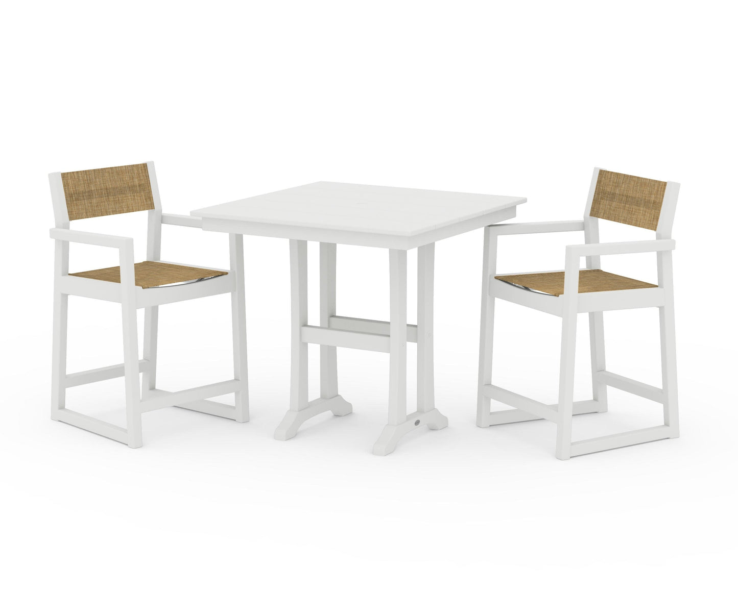 POLYWOOD EDGE Sling Arm Chair 3-Piece Farmhouse Counter Set with Trestle Legs — Vintage White / Burlap Sling