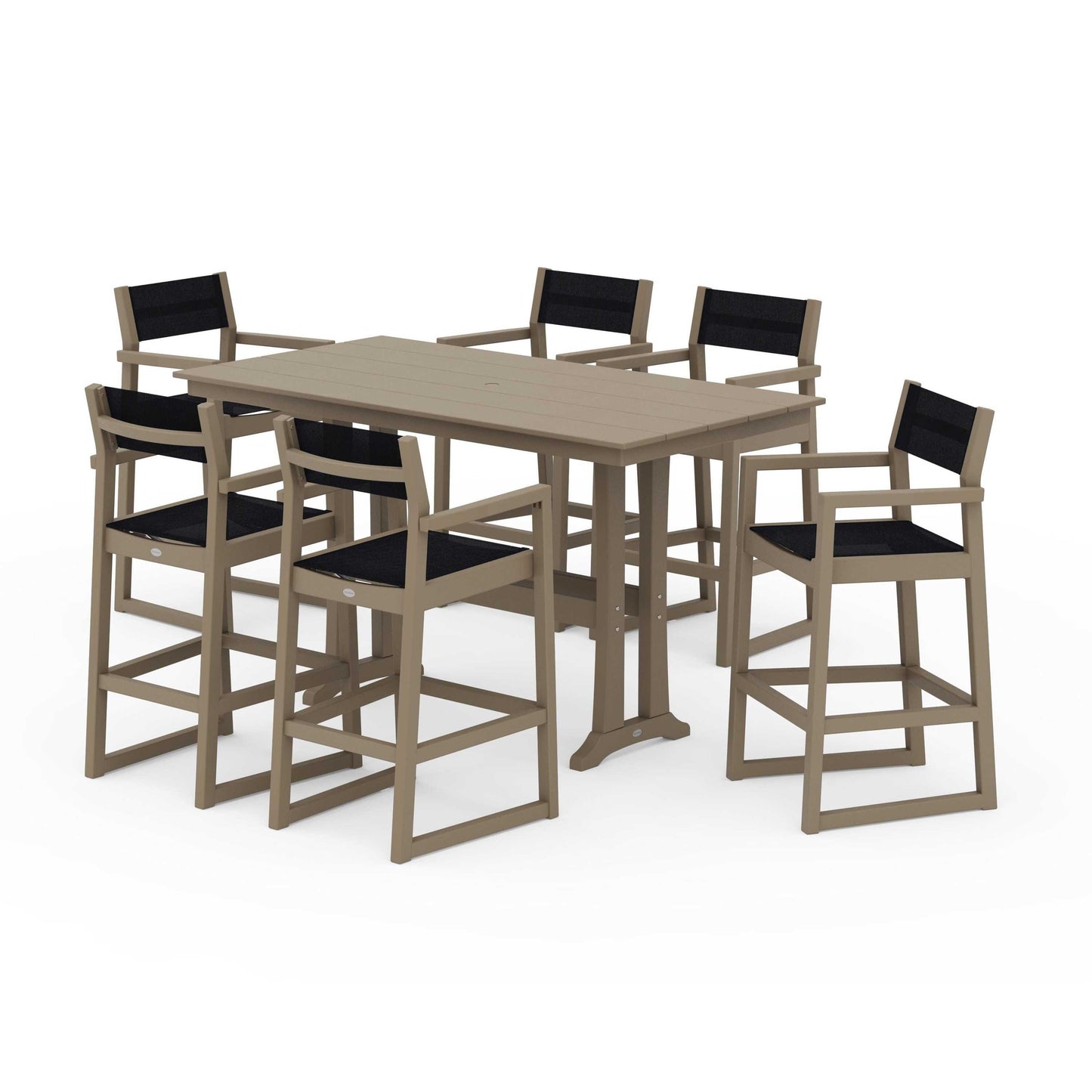 POLYWOOD EDGE Sling Arm Chair 7-Piece Farmhouse Bar Set with Trestle Legs — Vintage Sahara / Black Sling