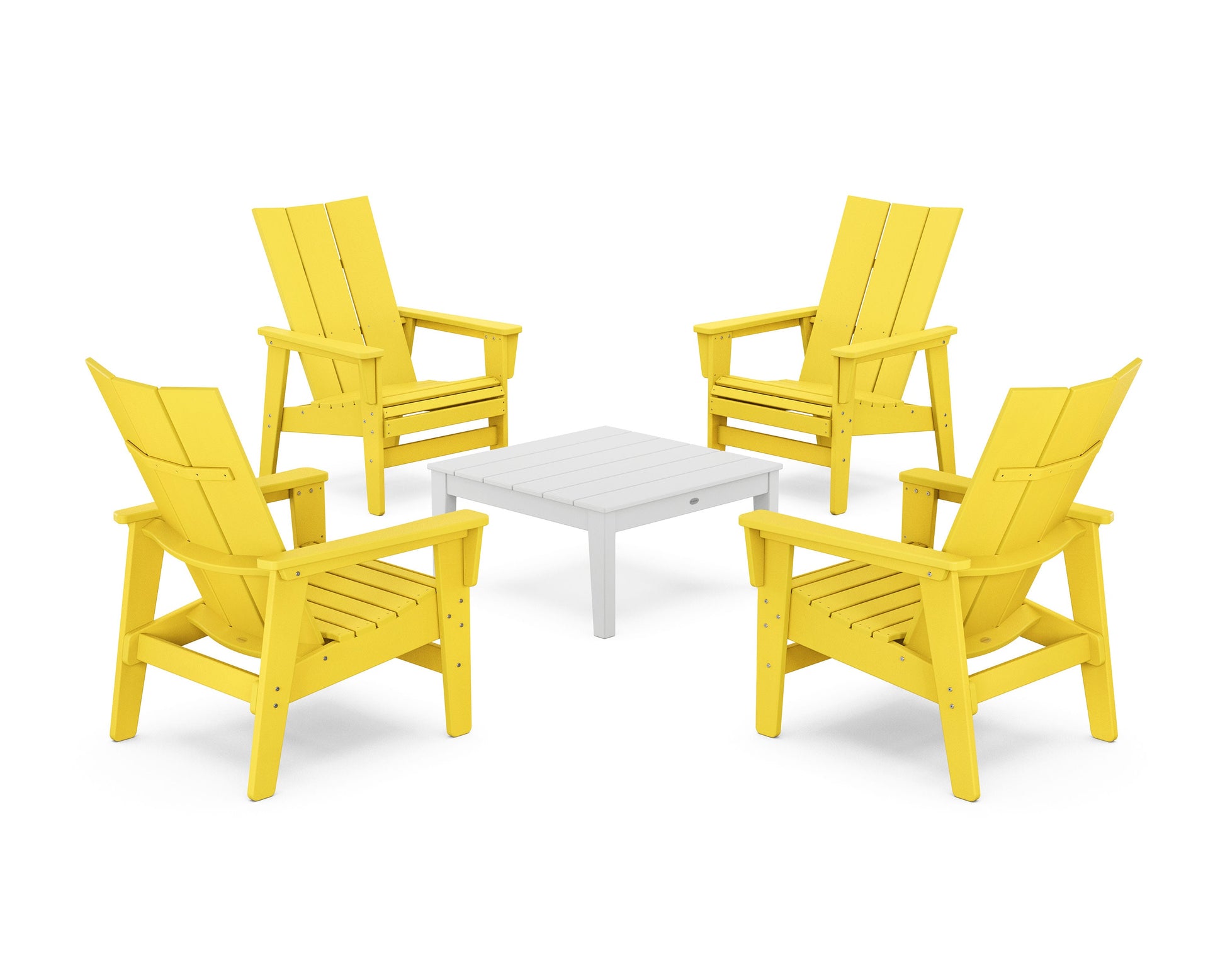 POLYWOOD 5-Piece Modern Grand Upright Adirondack Chair Conversation Group — Lemon / White