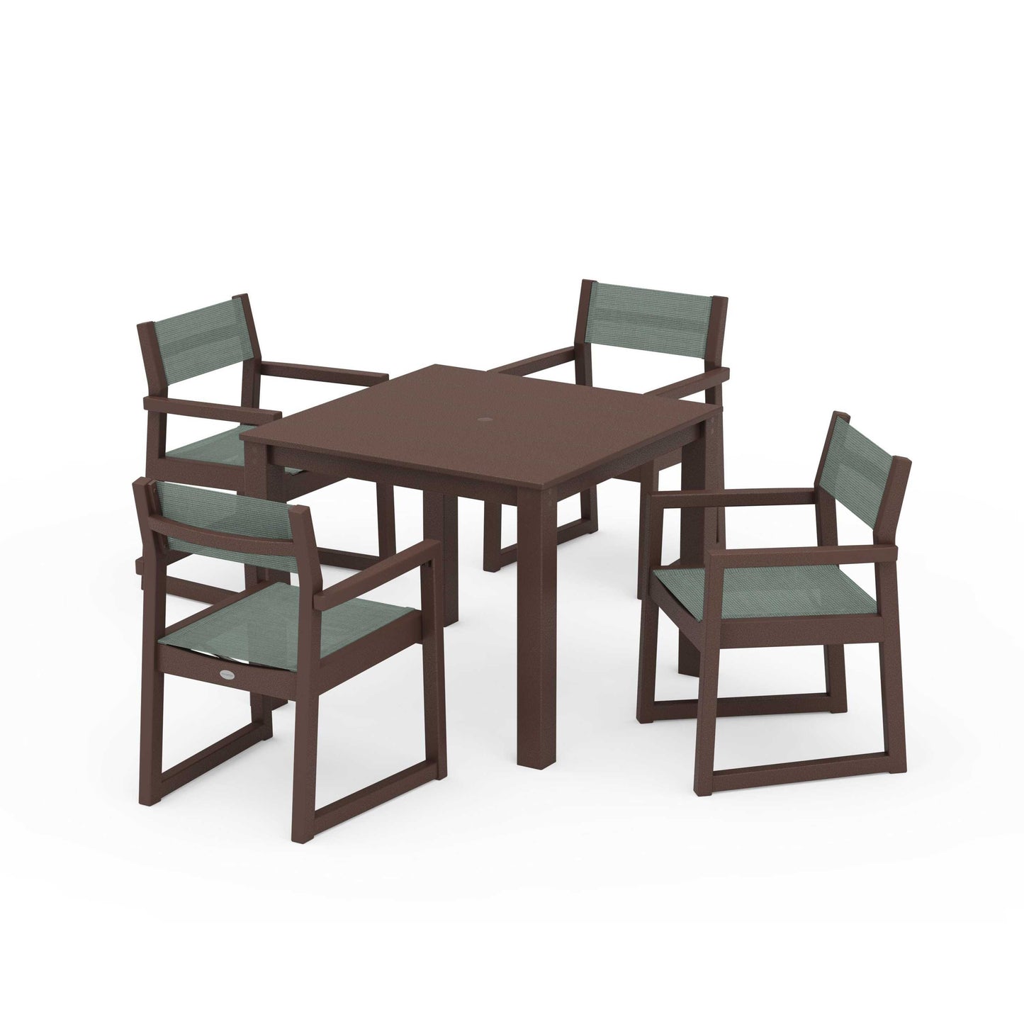 POLYWOOD EDGE Sling Arm Chair 5-Piece Parsons Dining Set — Mahogany / Dupioni Sea Mist Sling