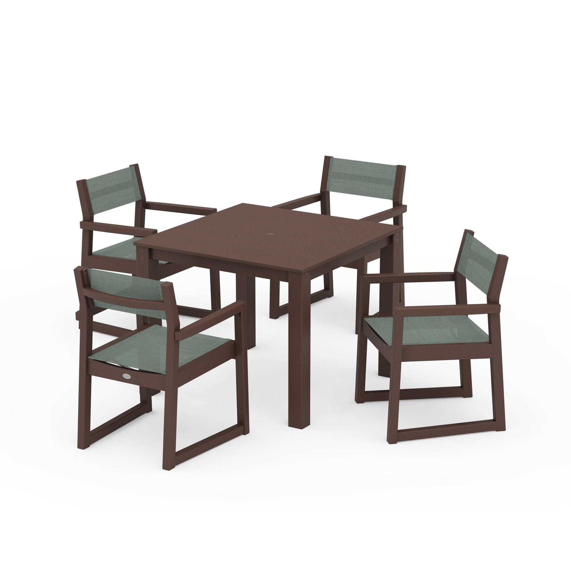 POLYWOOD EDGE Sling Arm Chair 5-Piece Parsons Dining Set — Mahogany / Dupioni Sea Mist Sling