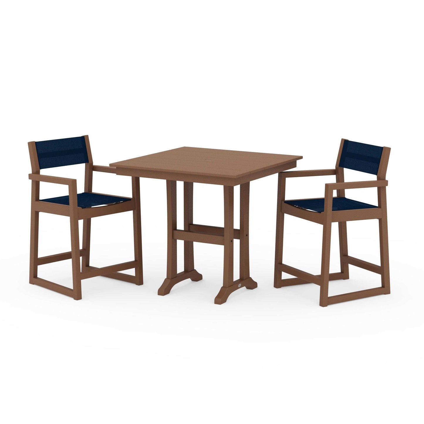 POLYWOOD EDGE Sling Arm Chair 3-Piece Farmhouse Counter Set with Trestle Legs — Teak / Navy Blue Sling