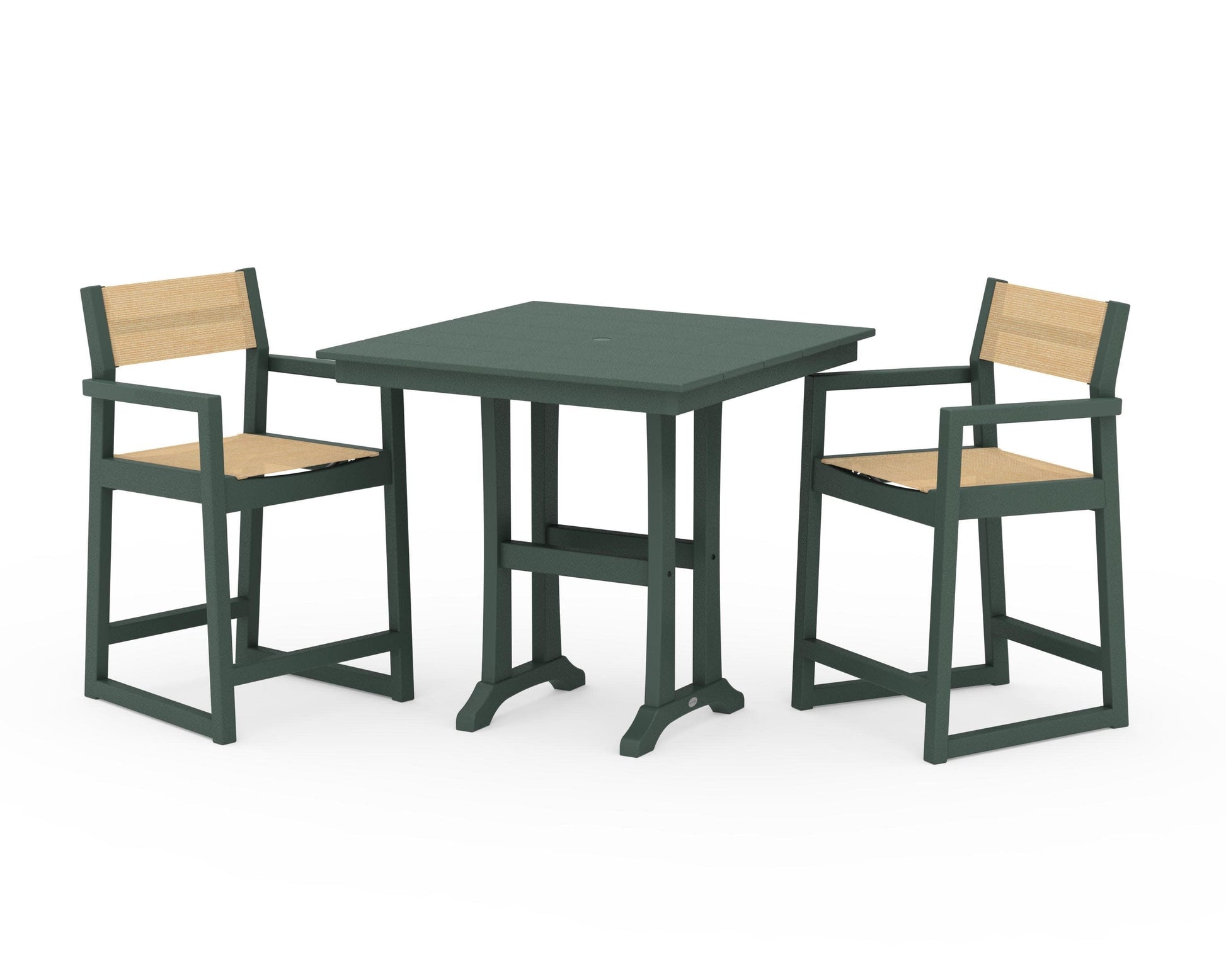 POLYWOOD EDGE Sling Arm Chair 3-Piece Farmhouse Counter Set with Trestle Legs — Green / Dupioni Apricot Sling