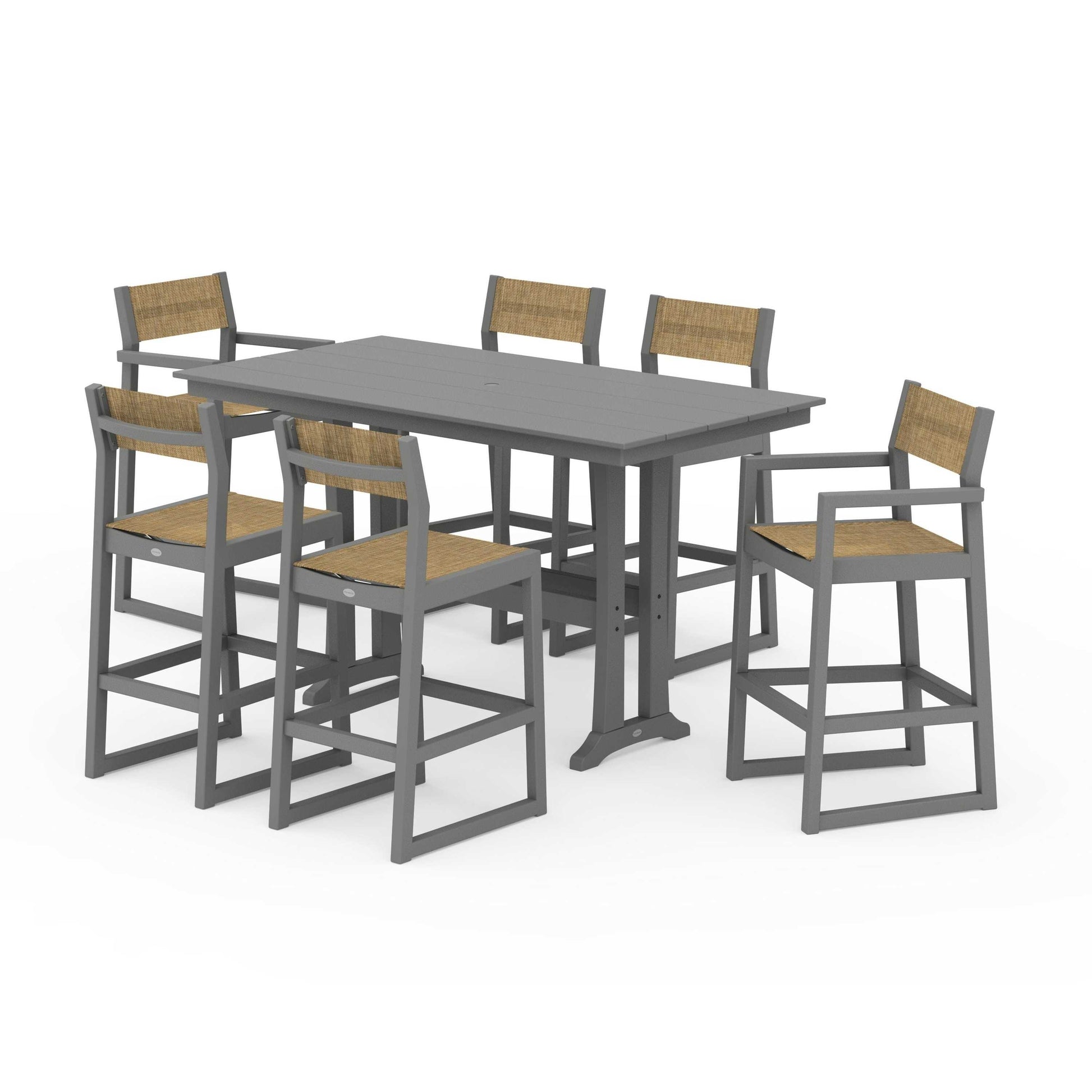 POLYWOOD EDGE Sling 7-Piece Farmhouse Bar Set with Trestle Legs — Slate Grey / Burlap Sling